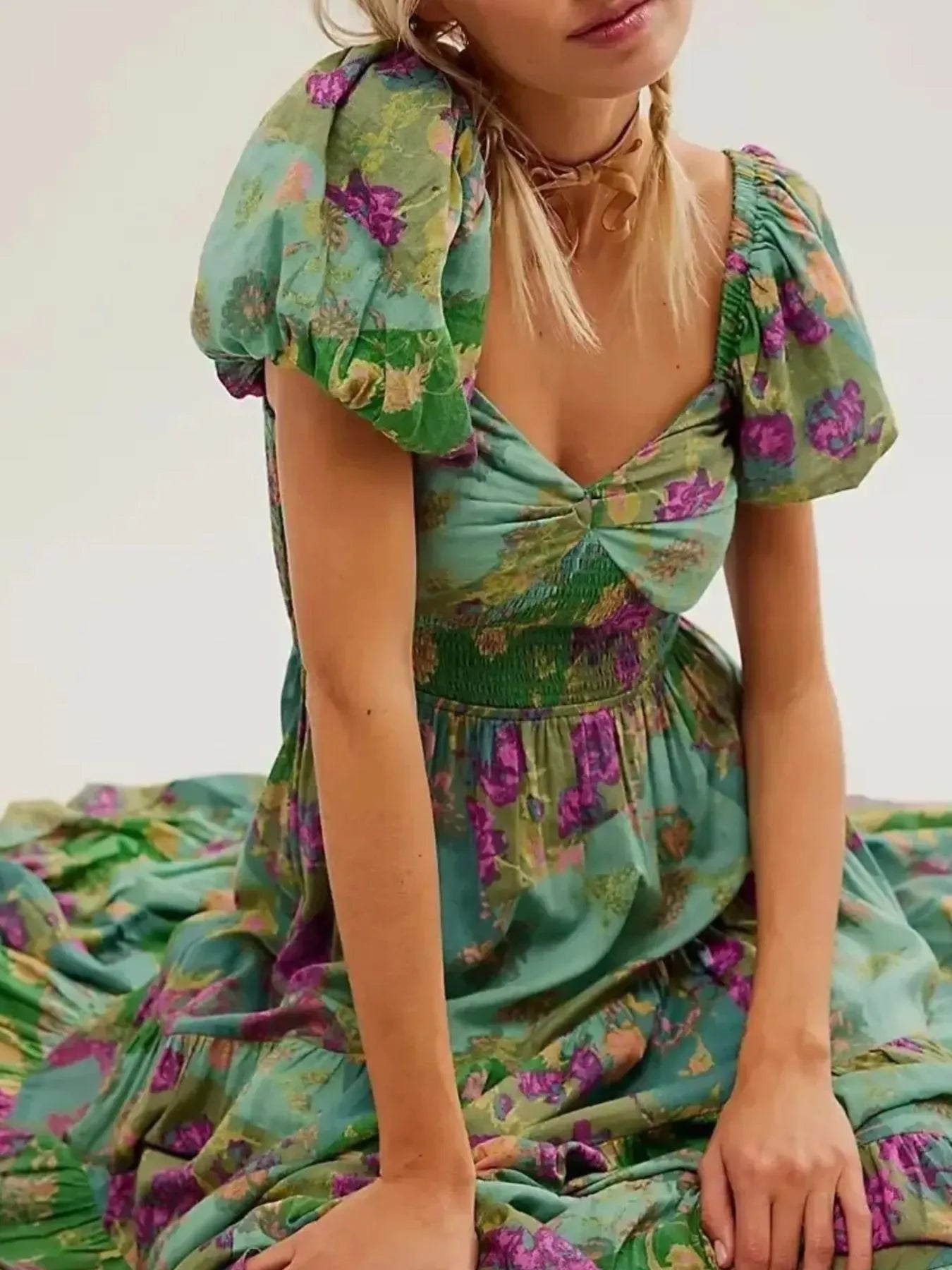 Printed Sweetheart Neck Puff Sleeve Maxi Dress