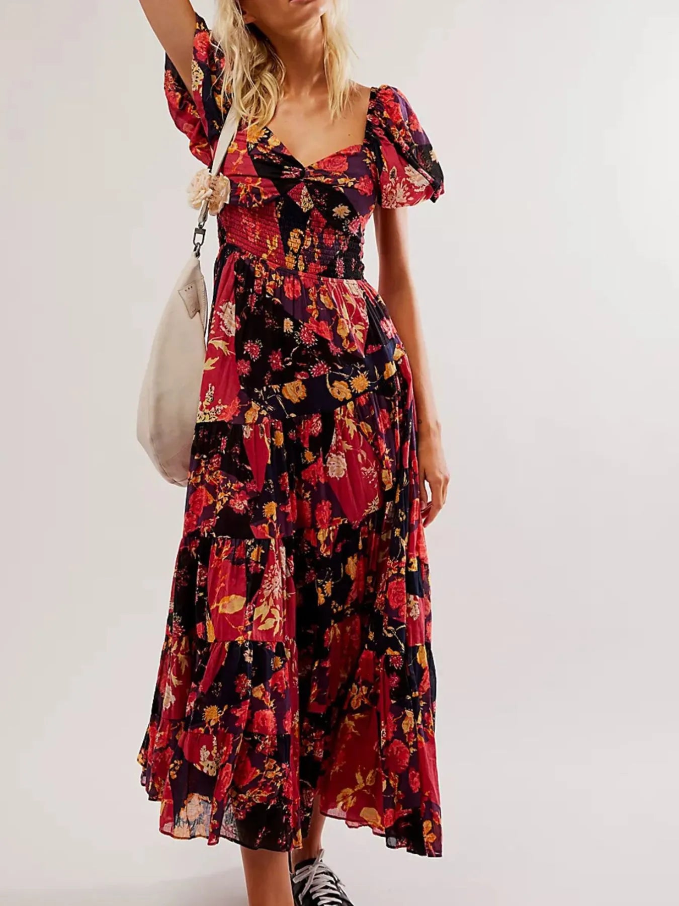 Printed Sweetheart Neck Puff Sleeve Maxi Dress Red / S