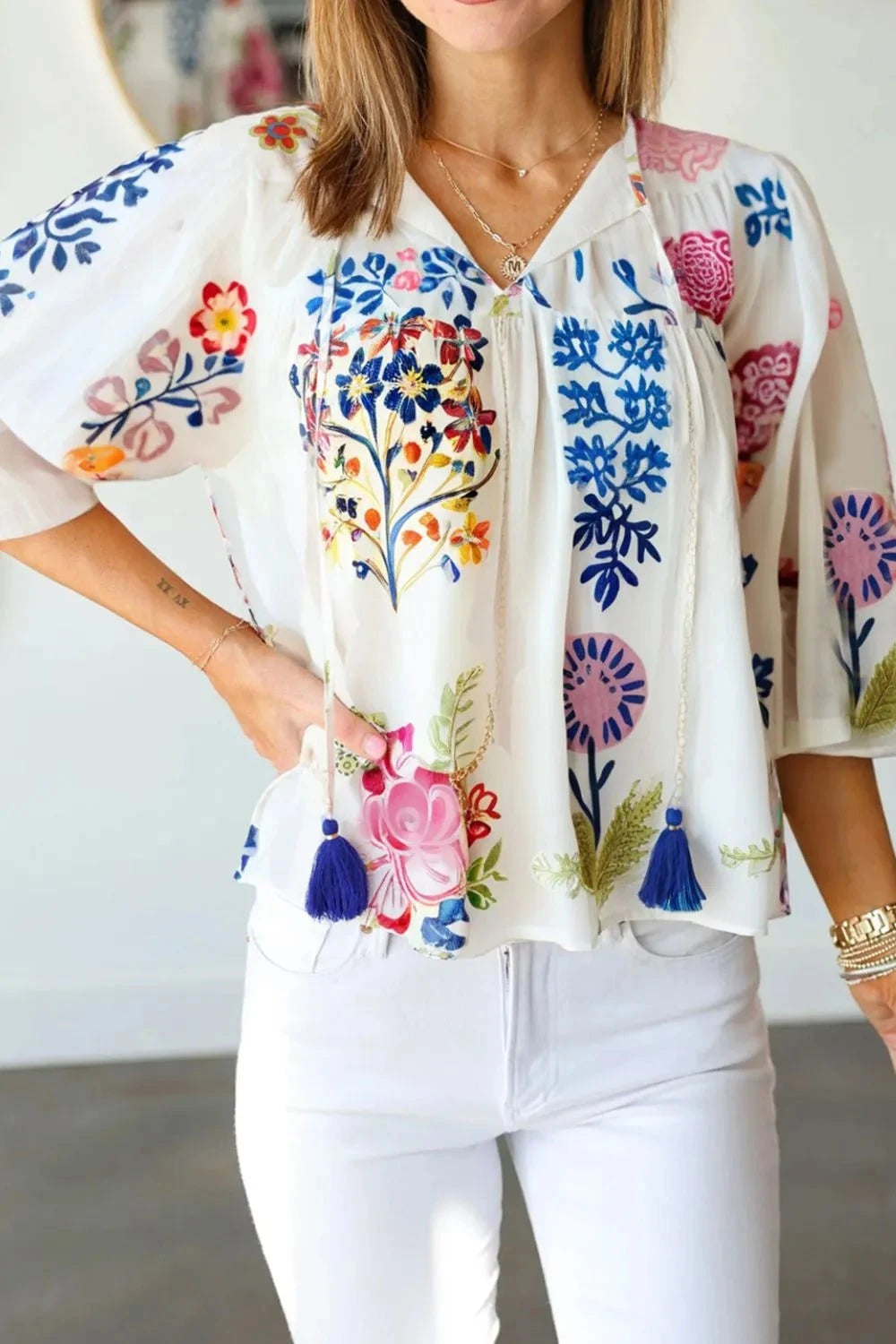 Printed Tie Neck 3/4 Sleeve Blouse White / S