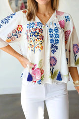 Printed Tie Neck 3/4 Sleeve Blouse White / S