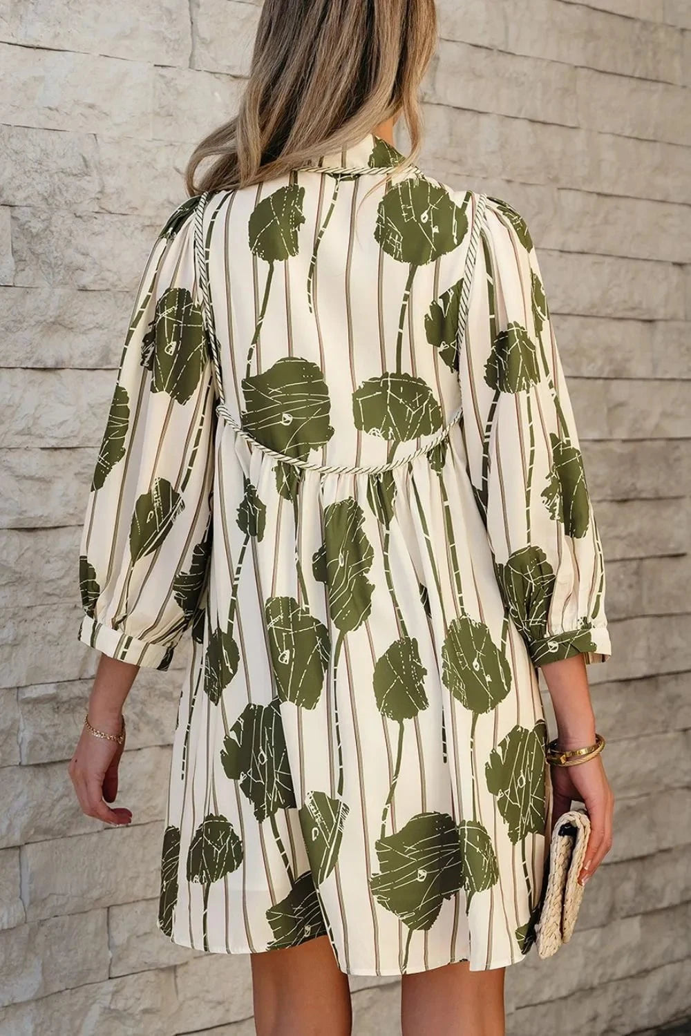 Printed Tie Neck Balloon Sleeve Dress