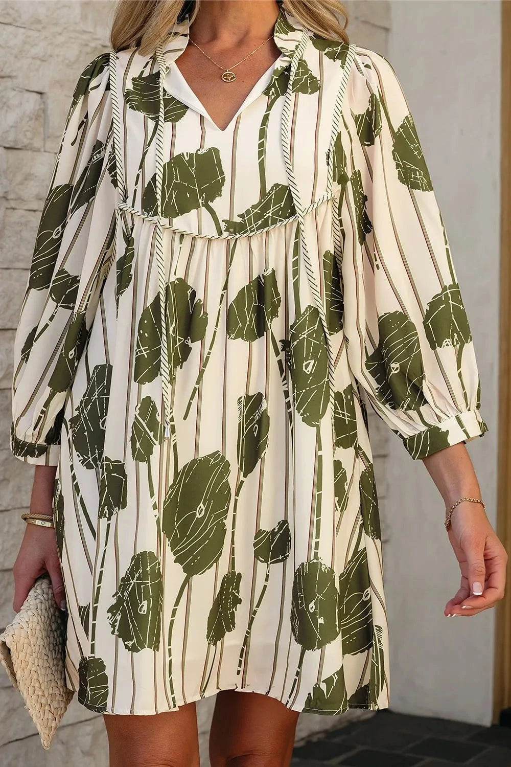 Printed Tie Neck Balloon Sleeve Dress