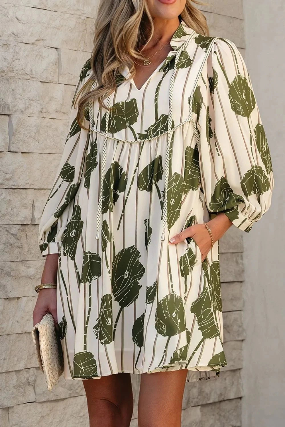 Printed Tie Neck Balloon Sleeve Dress Sage / S