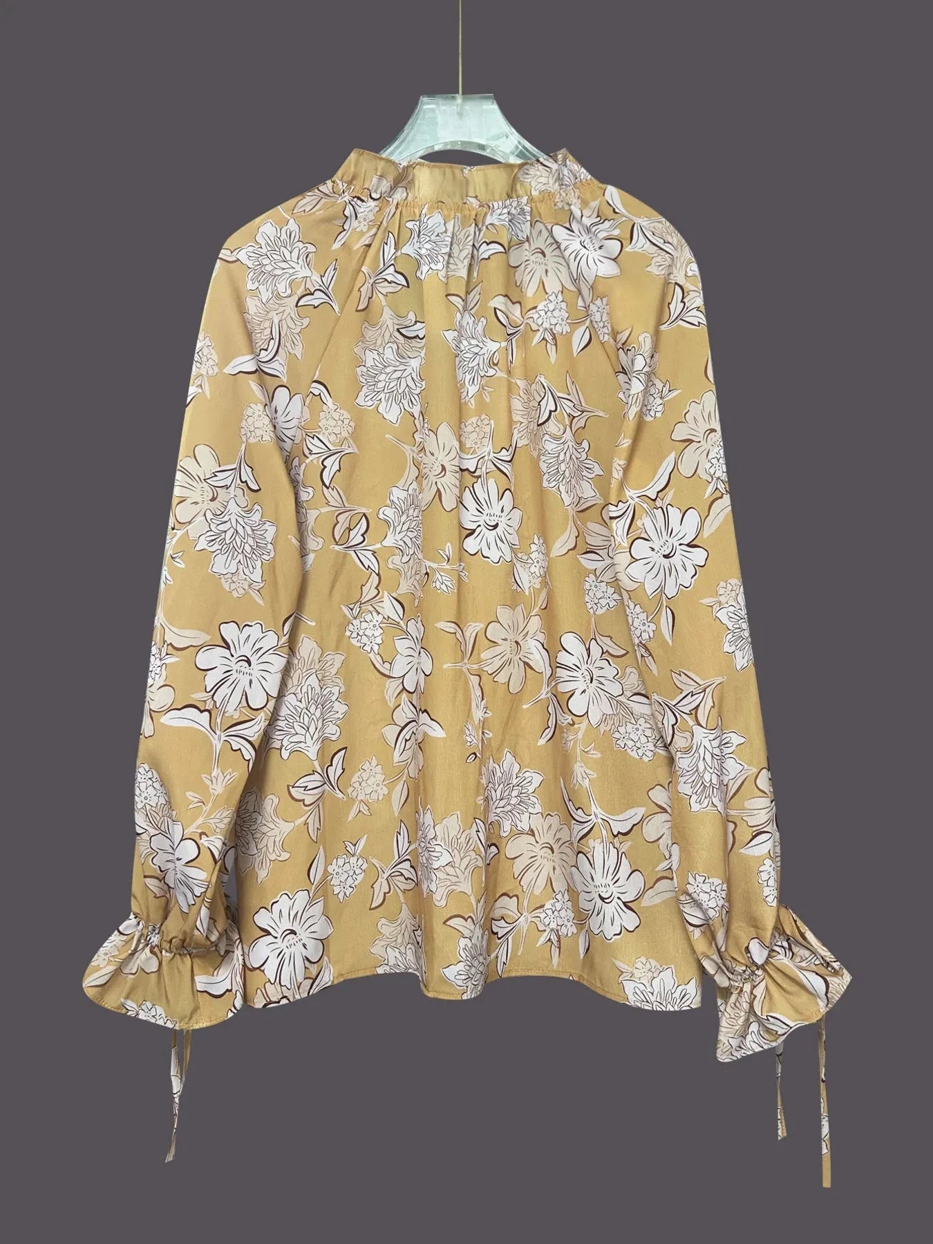 Printed Tie Neck Flounce Sleeve Blouse