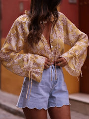 Printed Tie Neck Flounce Sleeve Blouse Yellow / S