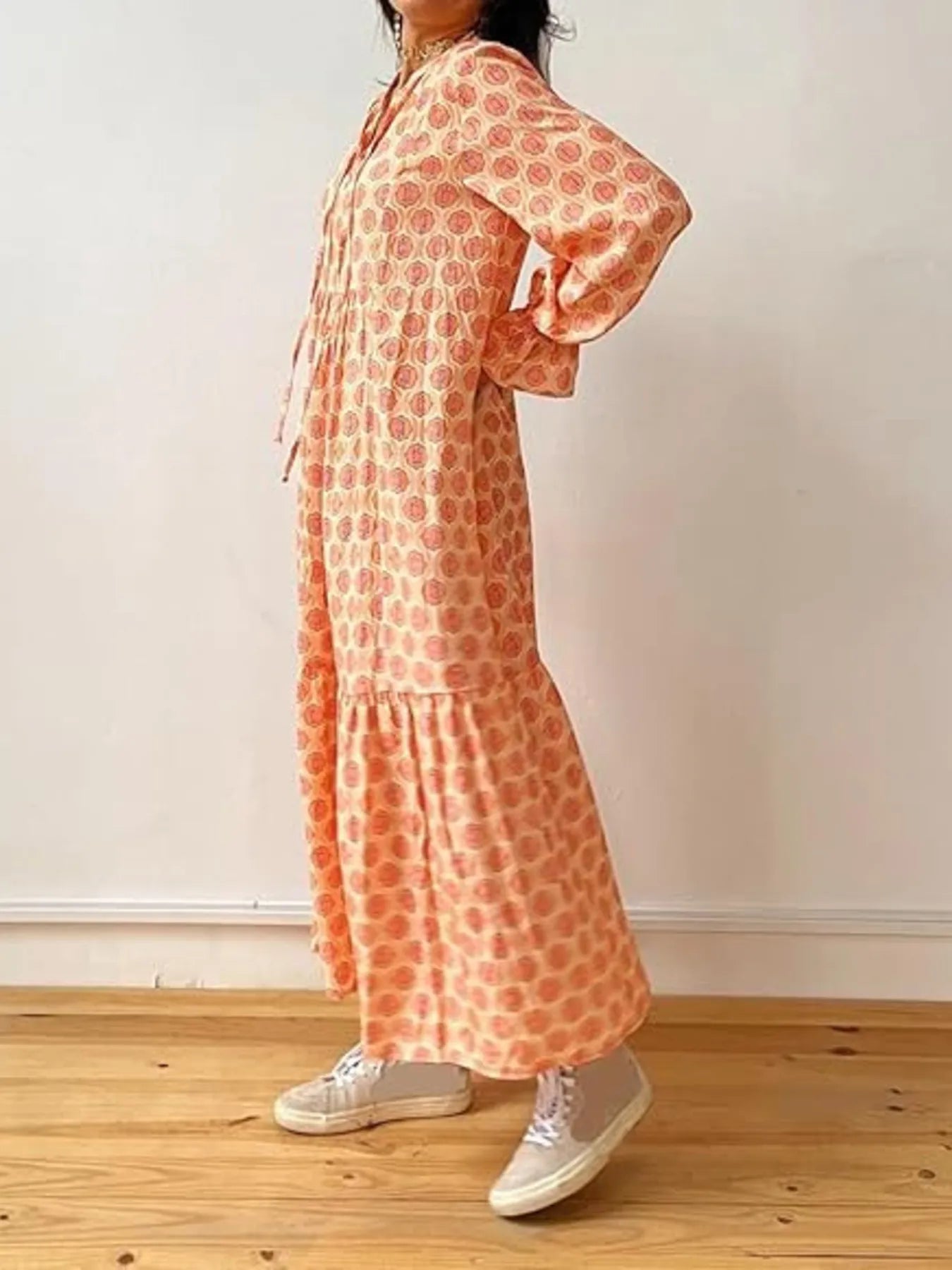 Printed Tie Neck Flounce Sleeve Maxi Dress