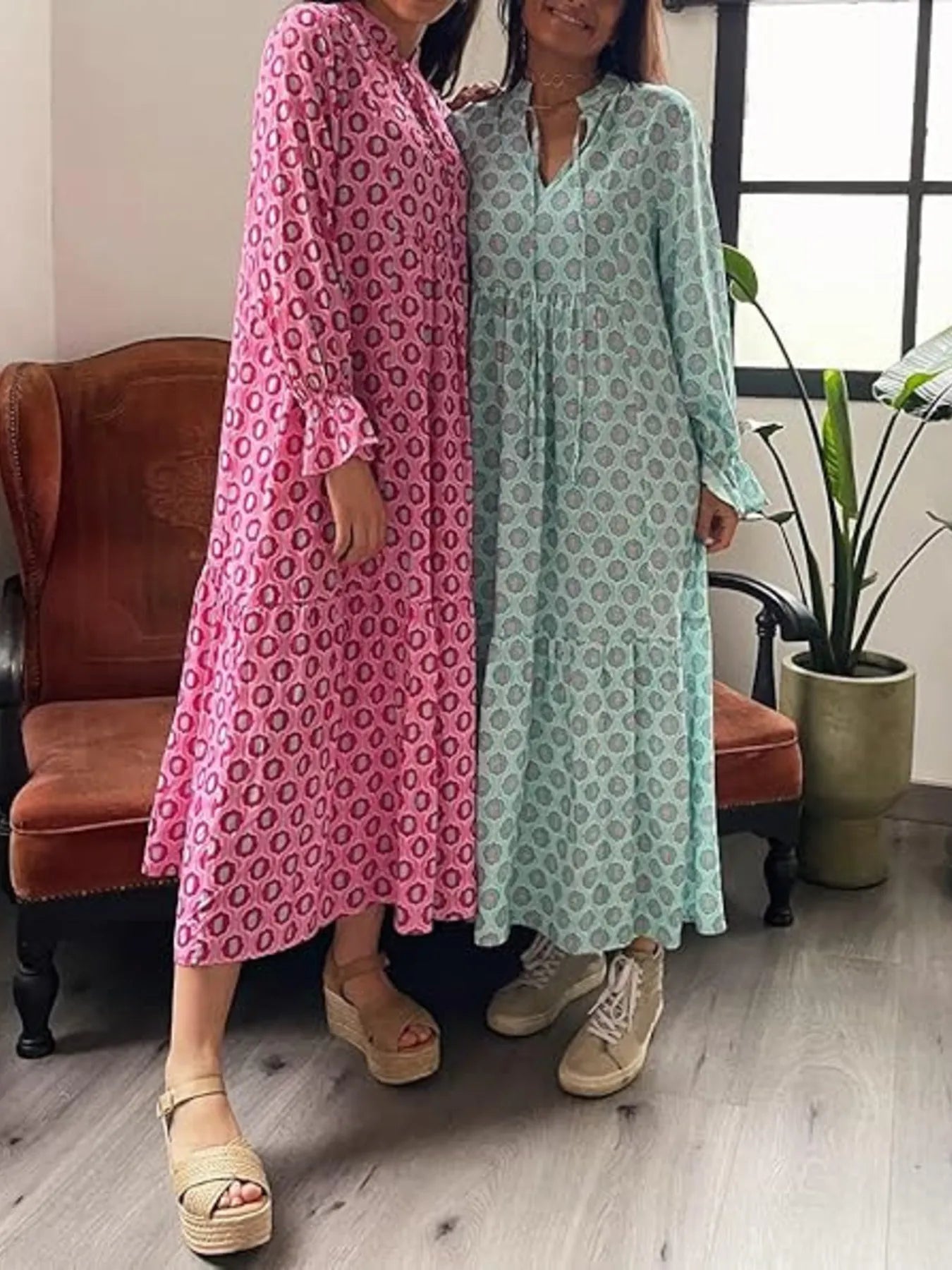 Printed Tie Neck Flounce Sleeve Maxi Dress