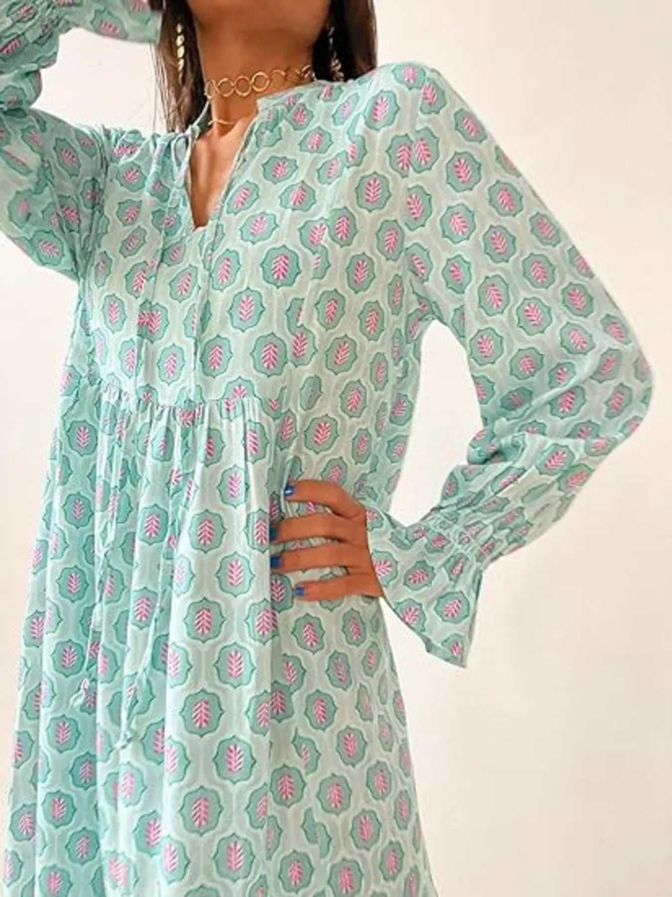 Printed Tie Neck Flounce Sleeve Maxi Dress