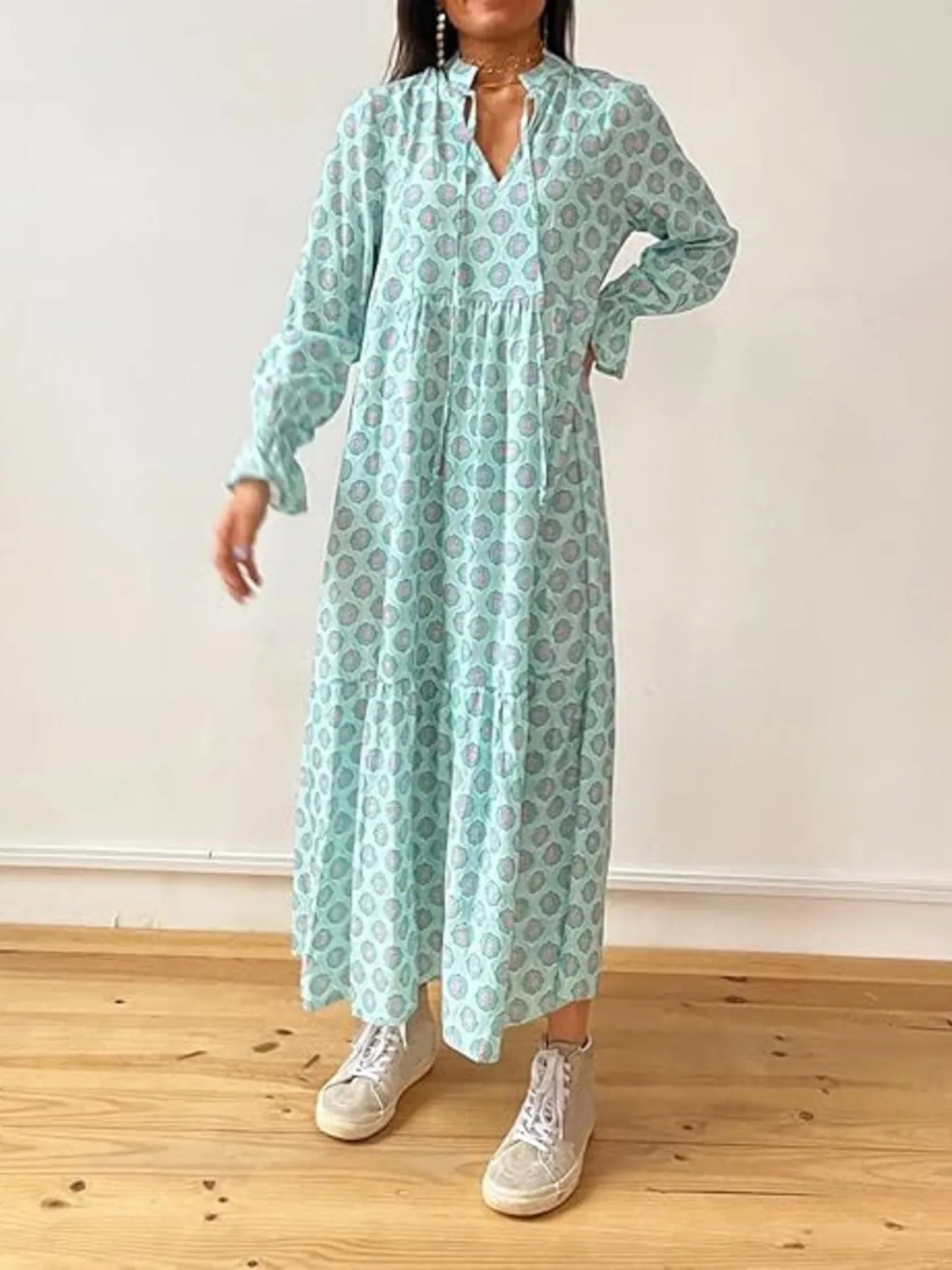 Printed Tie Neck Flounce Sleeve Maxi Dress