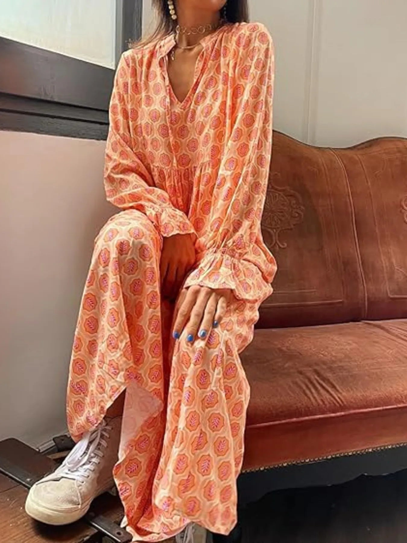 Printed Tie Neck Flounce Sleeve Maxi Dress