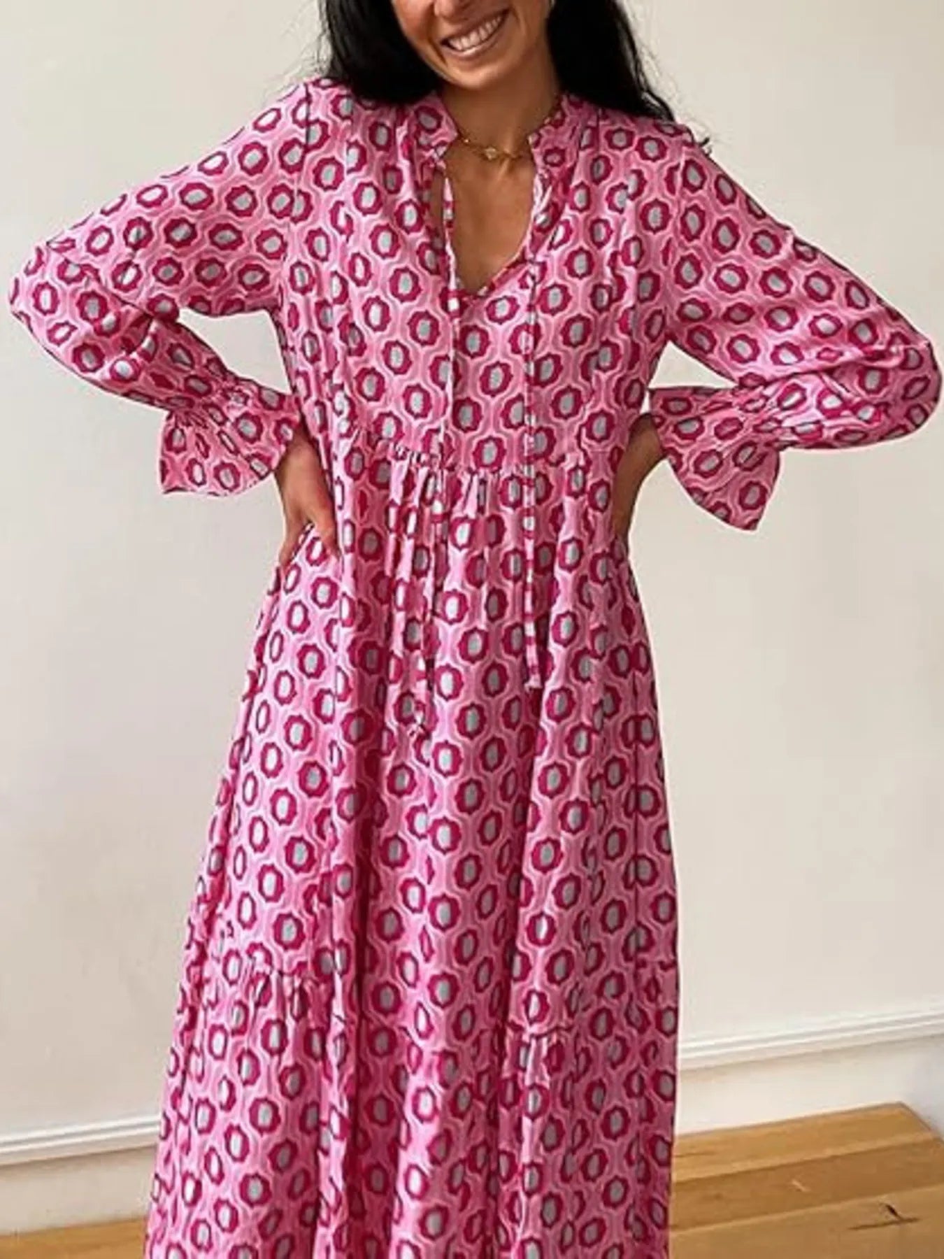 Printed Tie Neck Flounce Sleeve Maxi Dress Rose Red / S