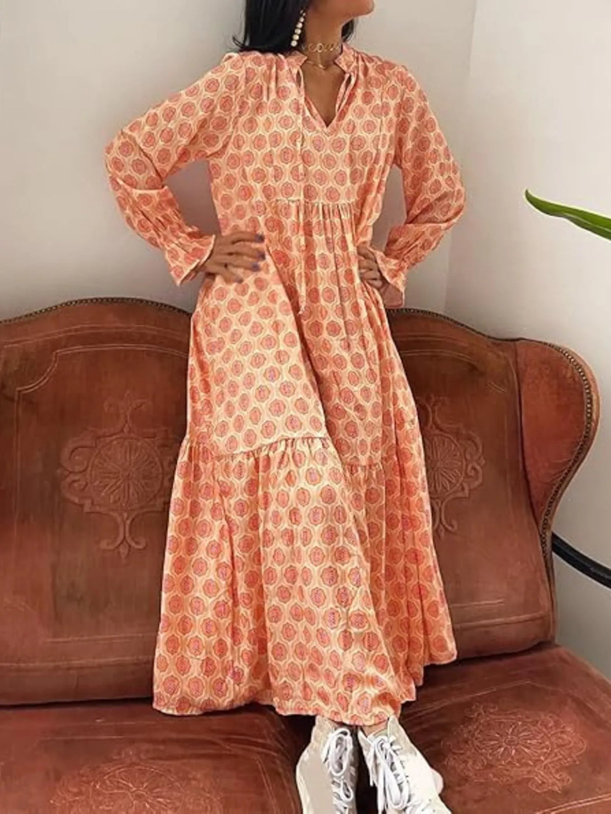 Printed Tie Neck Flounce Sleeve Maxi Dress Sherbet / S