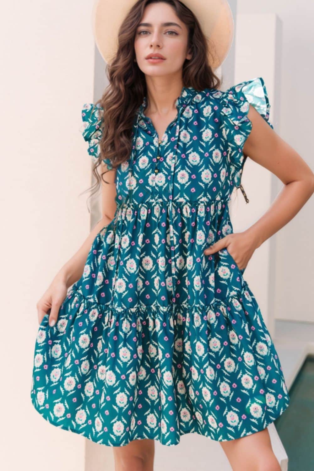 Printed Tie Neck Ruffled Cap Sleeve Dress Floral / S