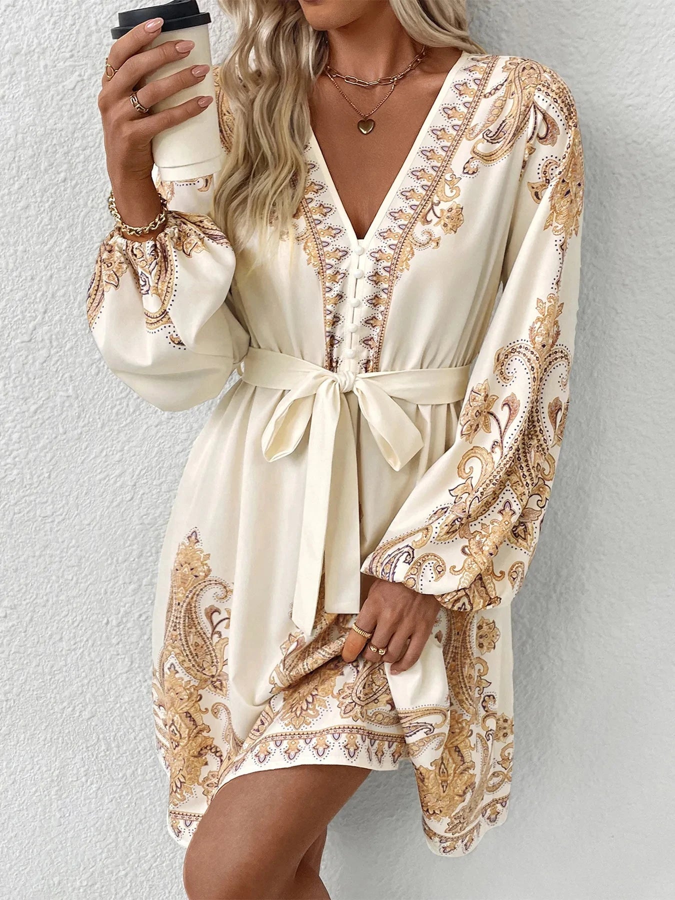 Printed Tie Waist Long Sleeve Dress