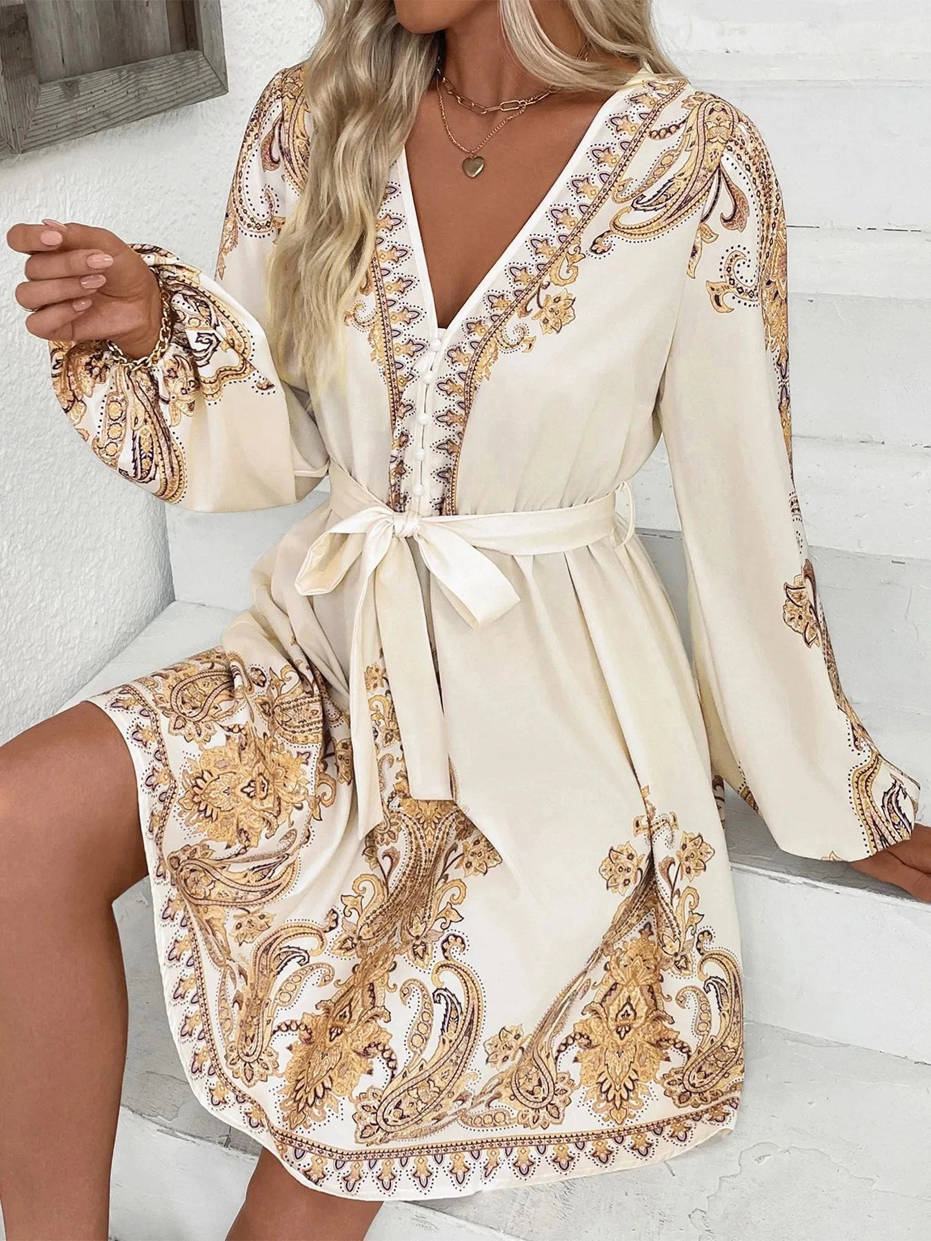 Printed Tie Waist Long Sleeve Dress
