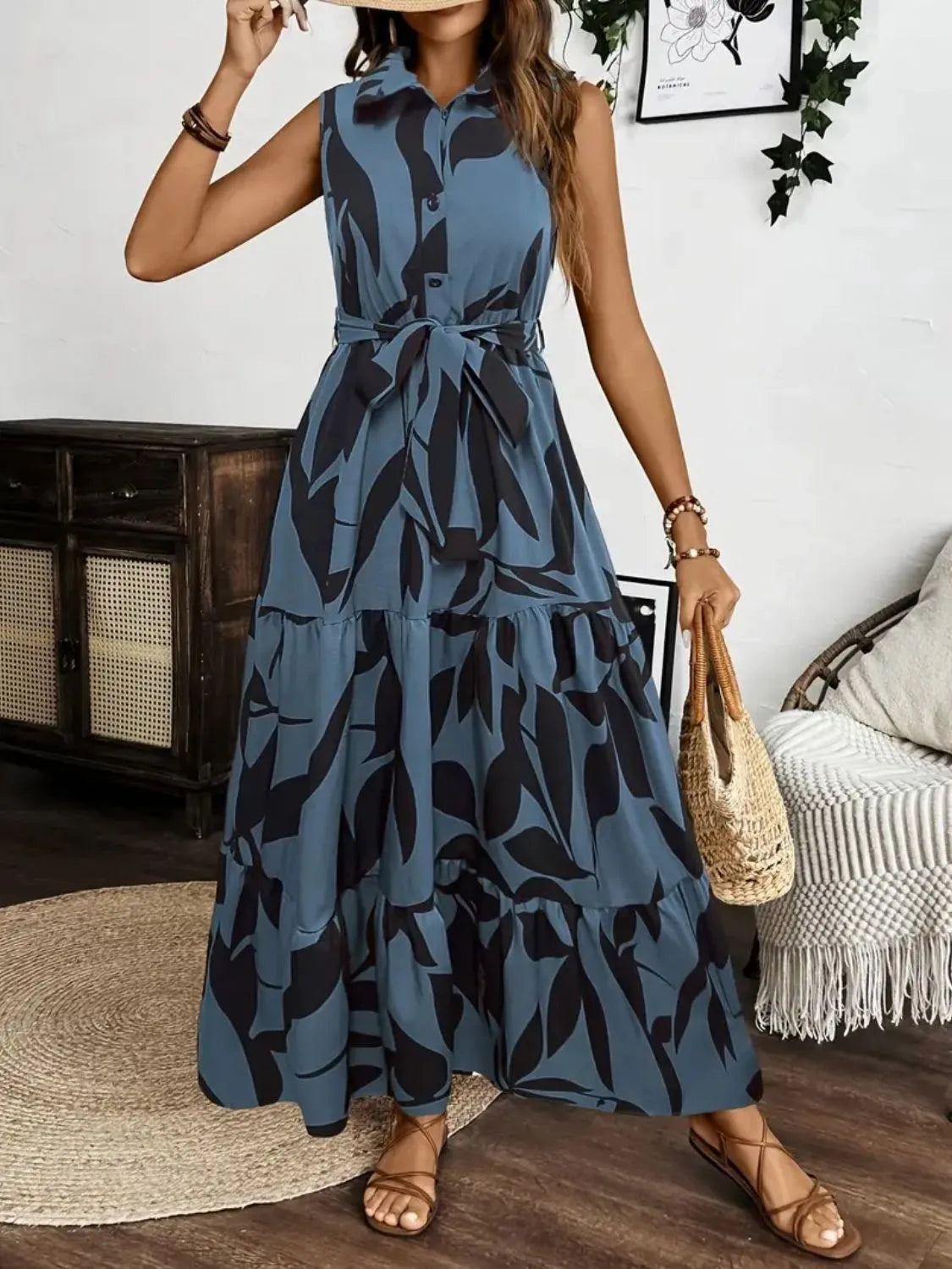 Printed Tie Waist Sleeveless Maxi Dress Dusty Blue / S