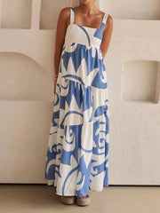 Printed Tiered Square Neck Maxi Dress Dusty Blue / S