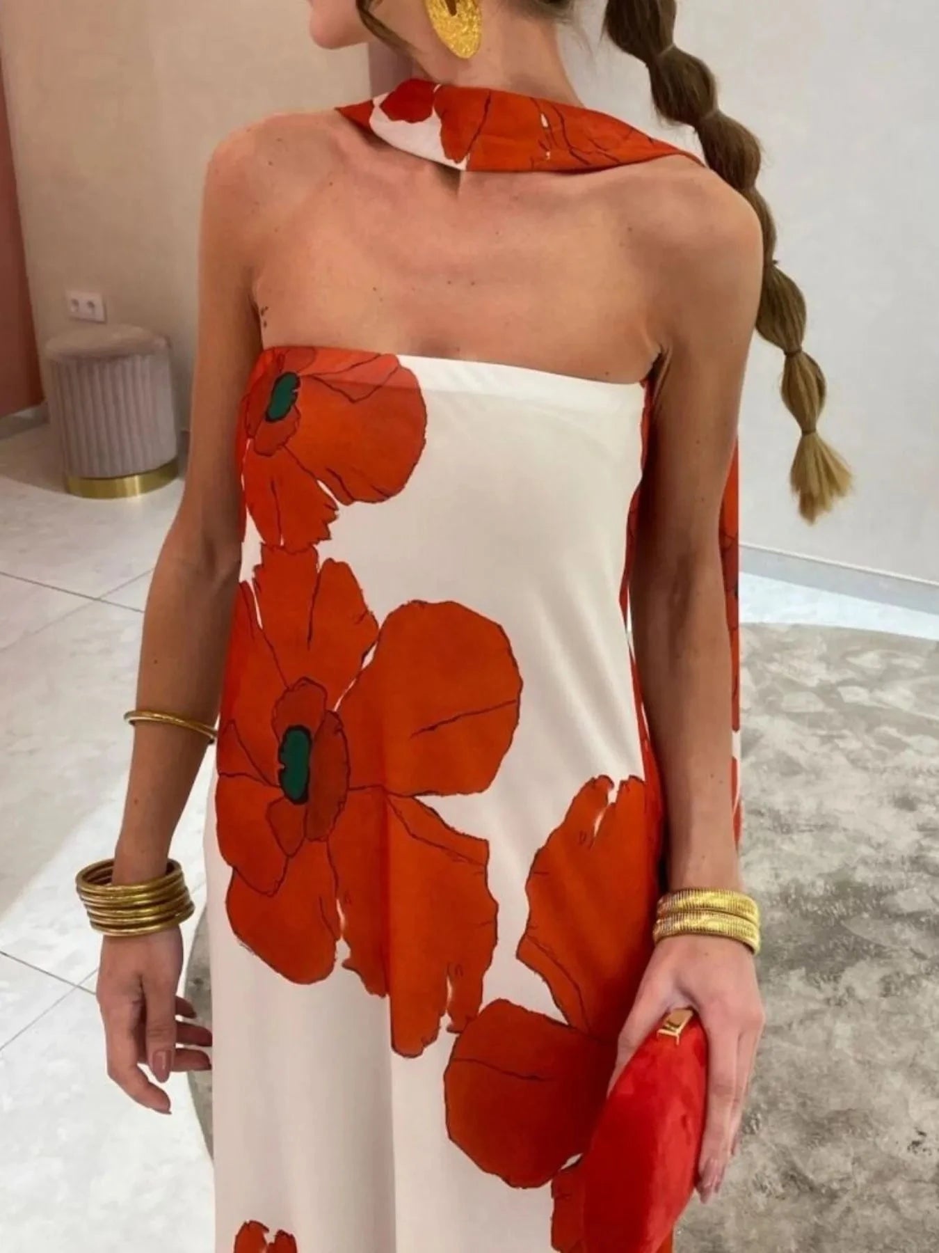 Printed Tube Maxi Dress Deep Red / S