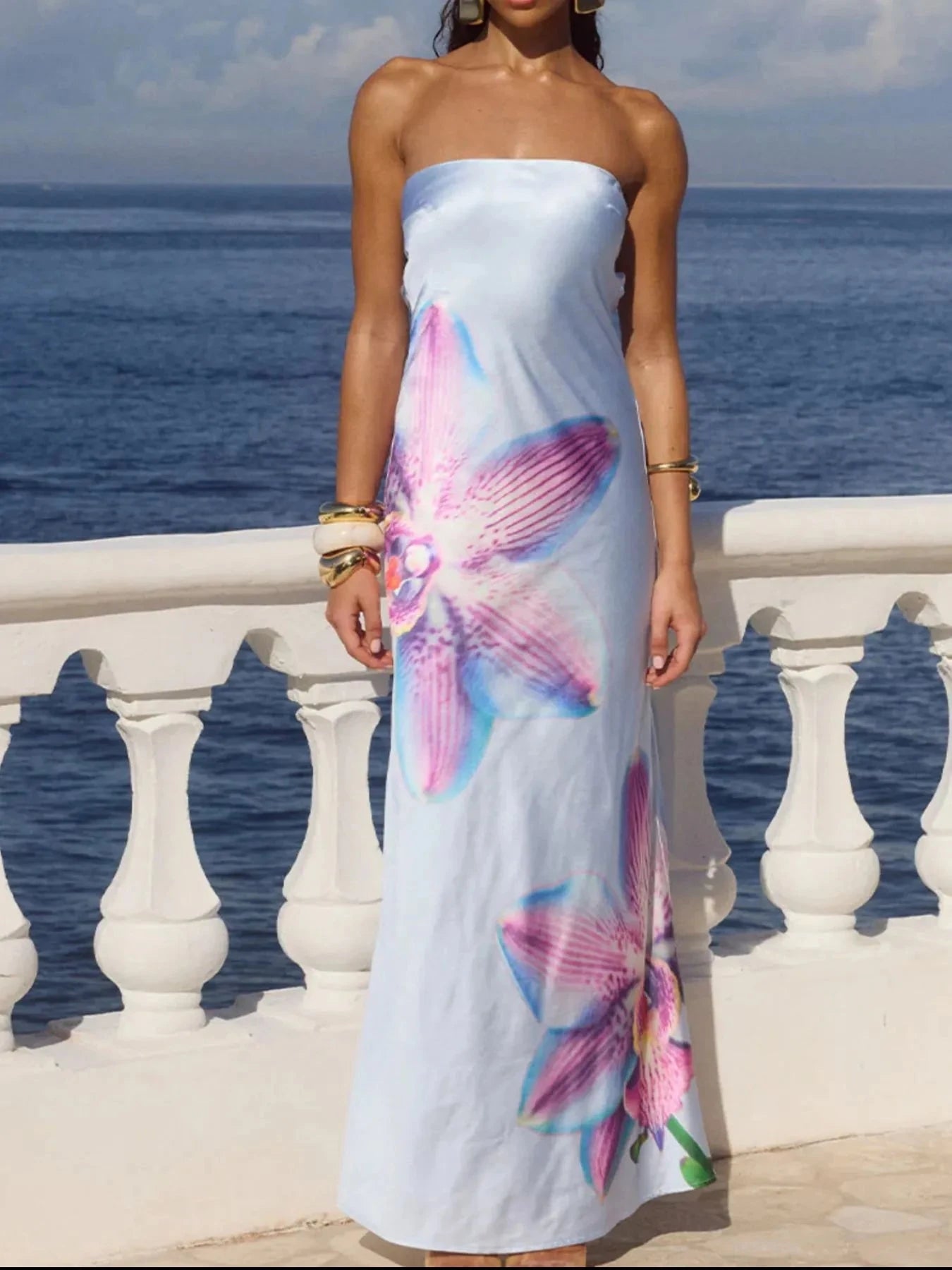 Printed Tube Maxi Dress Light Blue / S