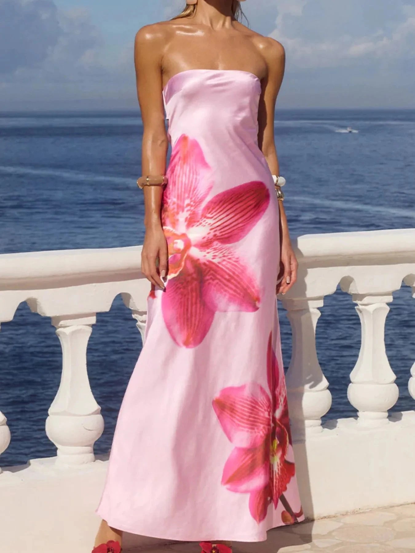 Printed Tube Maxi Dress Pink / S