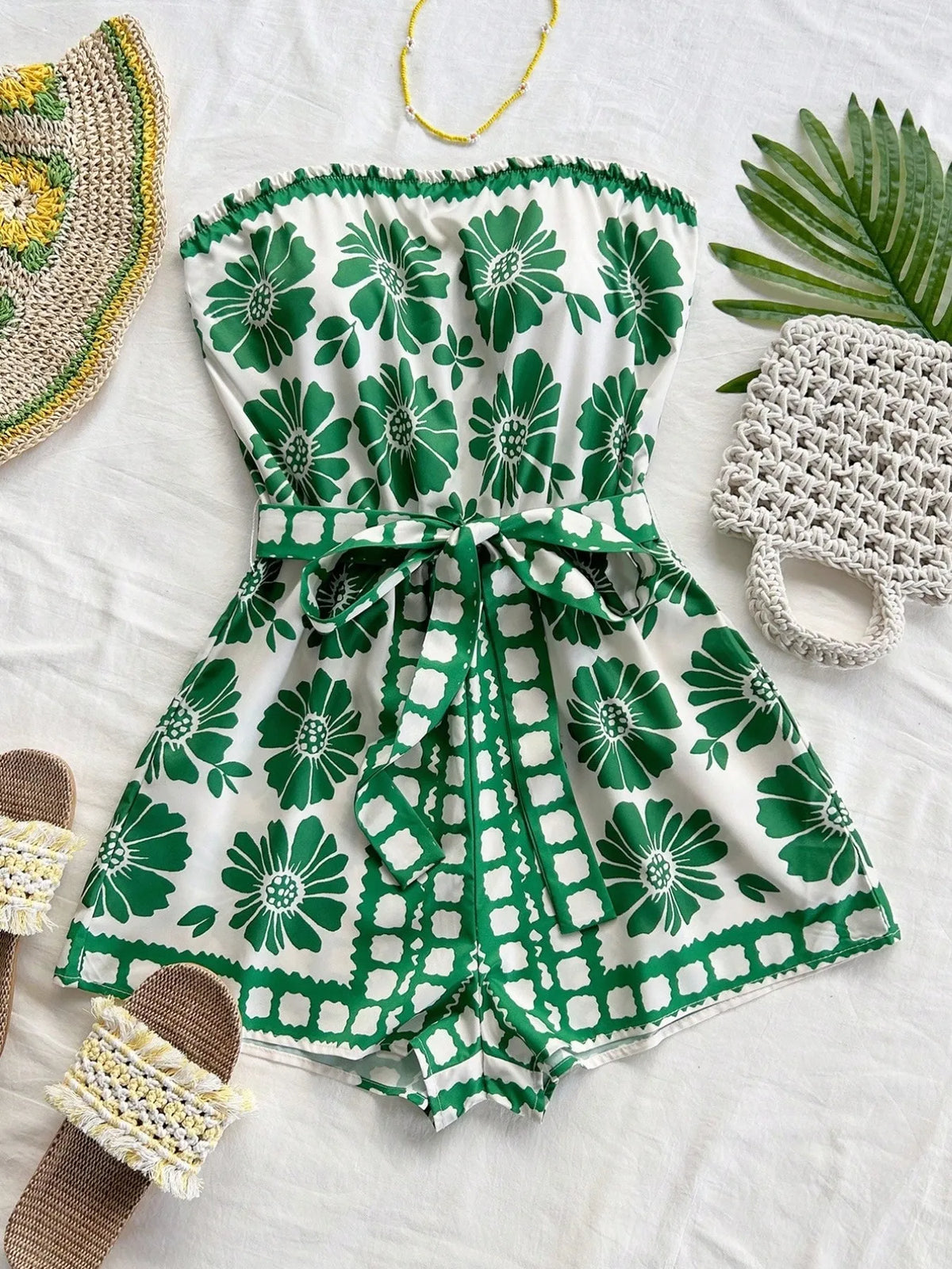 Printed Tube Tie Waist Romper Green / S