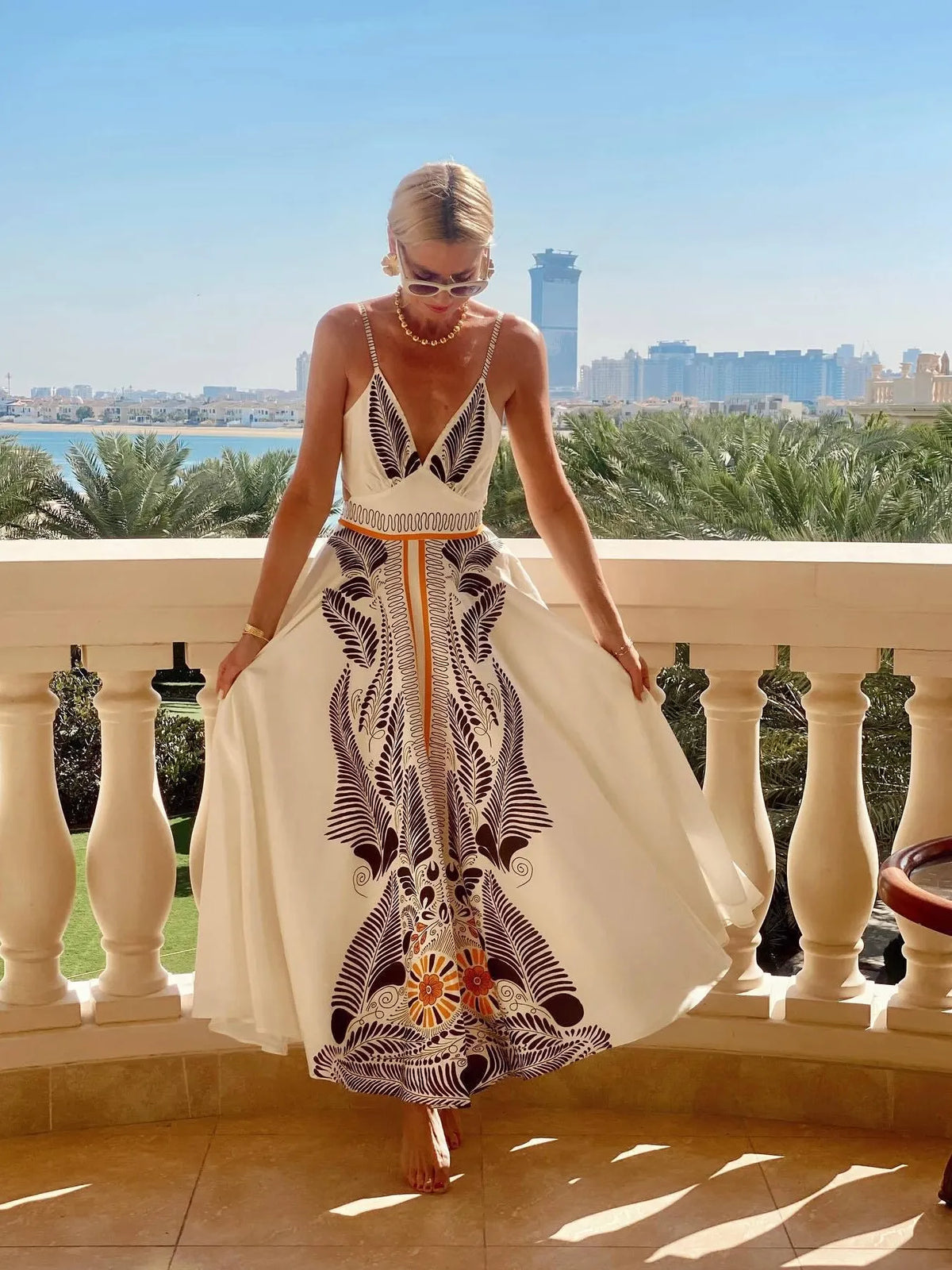 Printed V-Neck Cami Dress Apricot / S