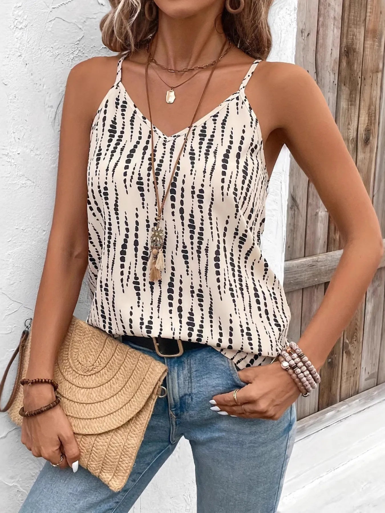Printed V-Neck Cami Top White / S