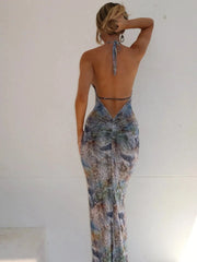 Printed V-Neck Halter Neck Maxi Dress