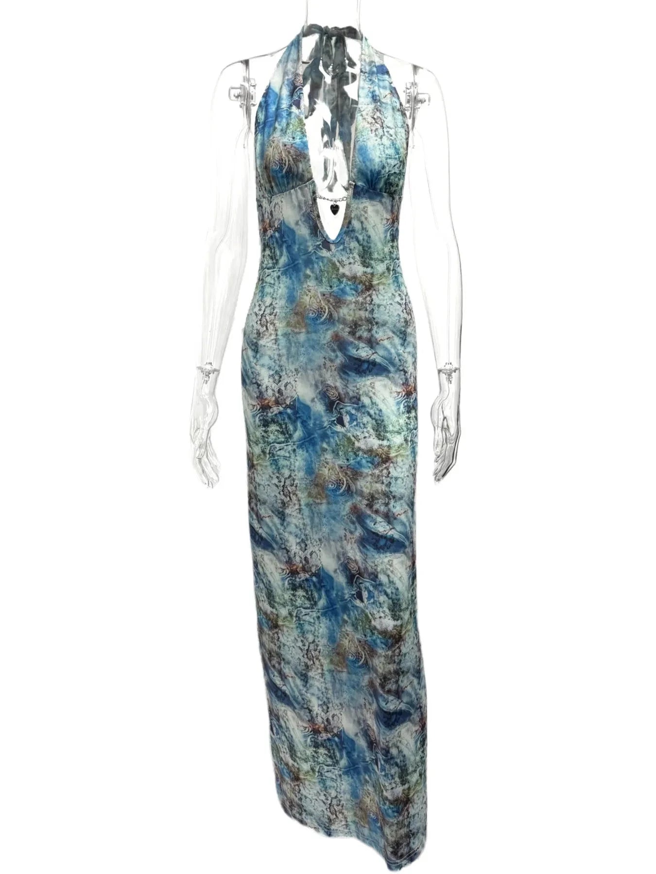 Printed V-Neck Halter Neck Maxi Dress