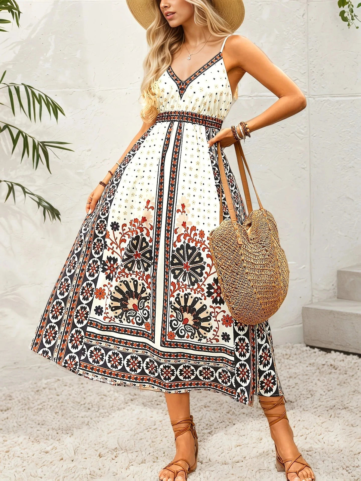 Printed V-Neck Midi Cami Dress White / S