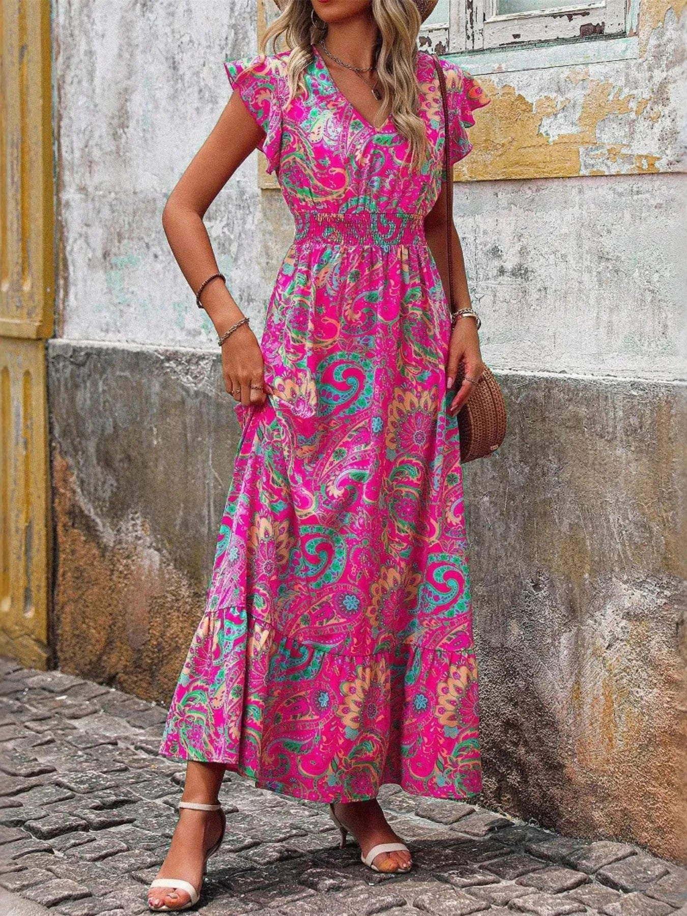 Printed V-Neck Ruffled Cap Sleeve Maxi Dress