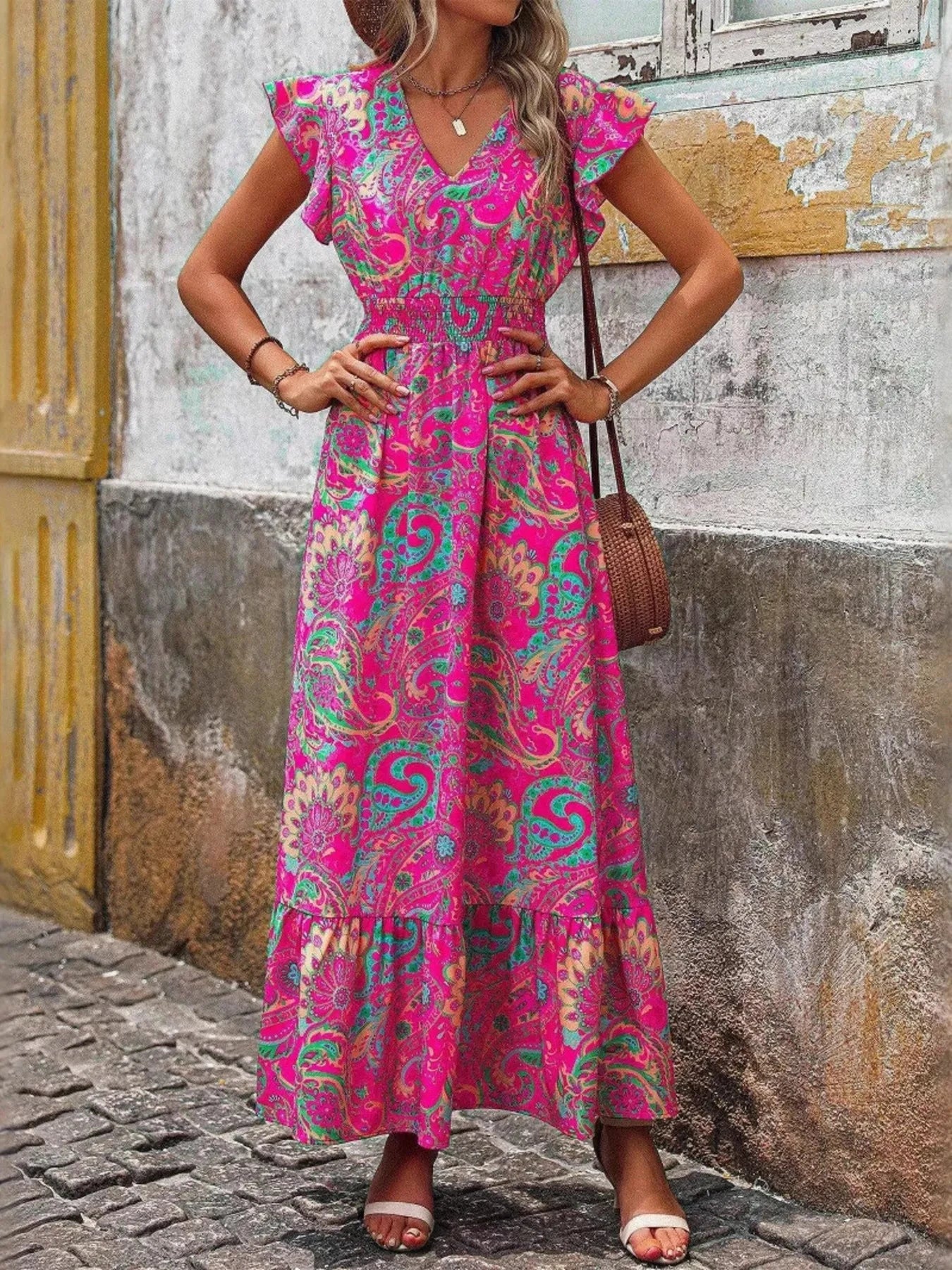 Printed V-Neck Ruffled Cap Sleeve Maxi Dress Pink / S