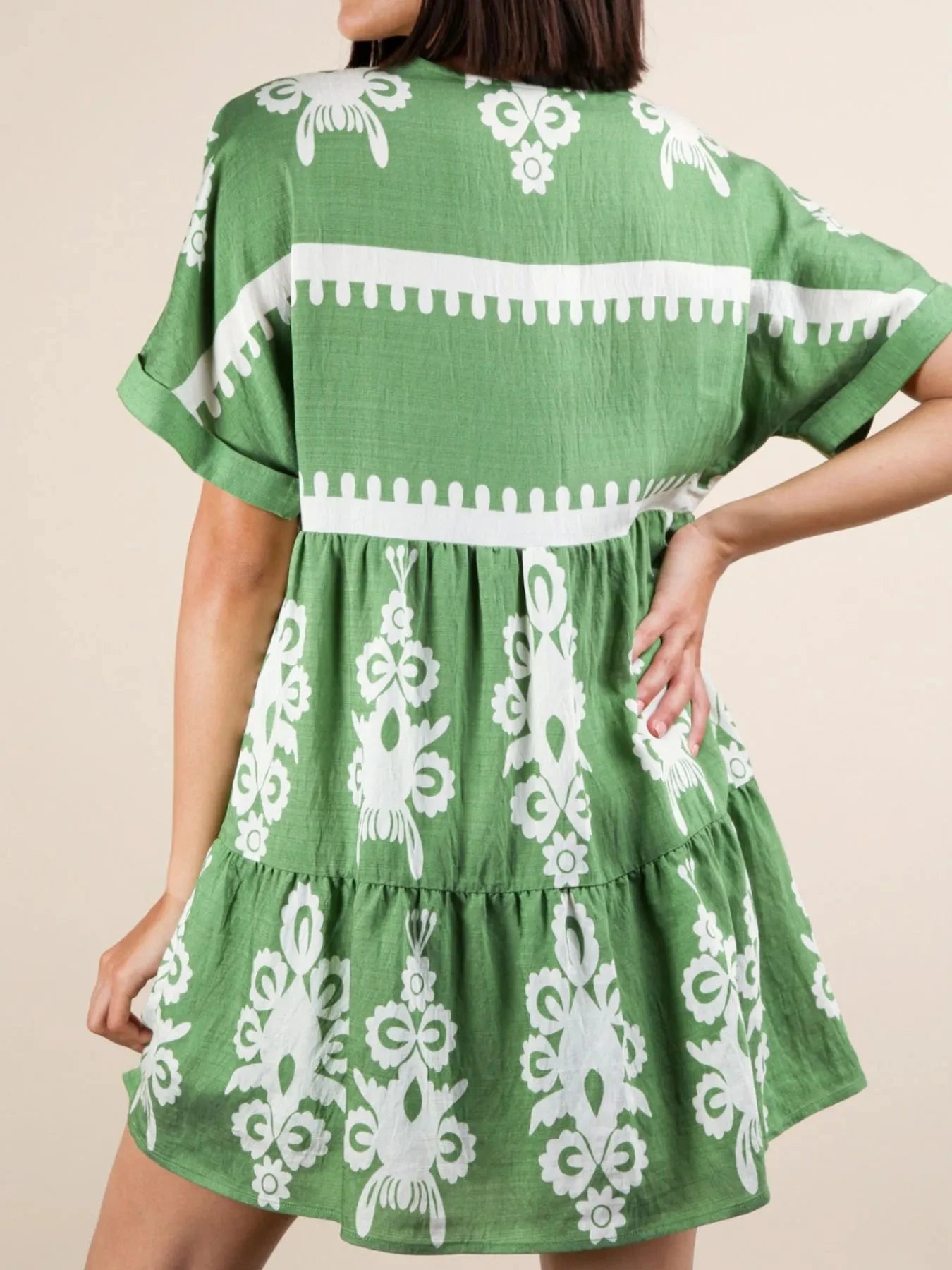 Printed V-Neck Short Sleeve Mini Dress