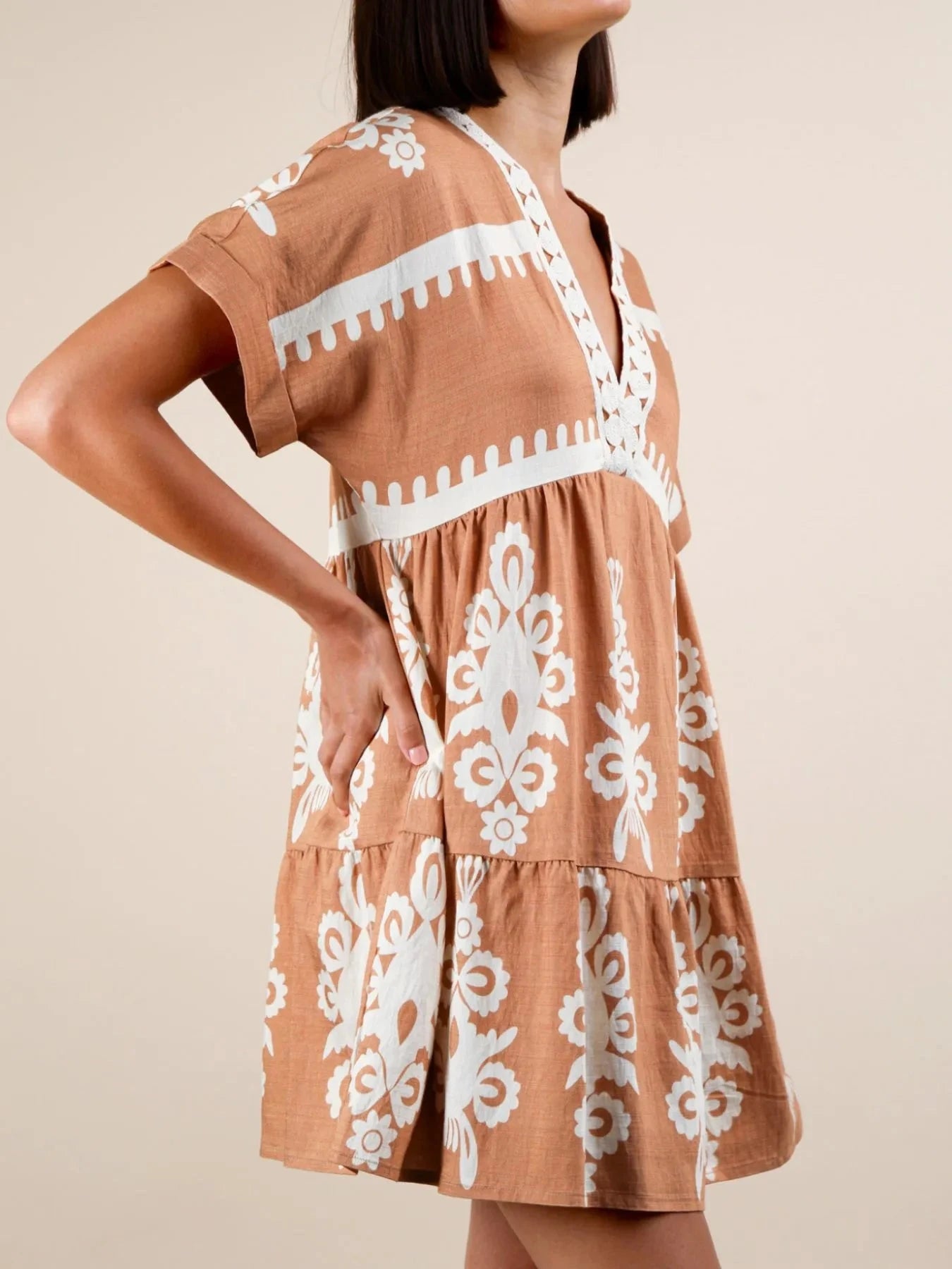 Printed V-Neck Short Sleeve Mini Dress