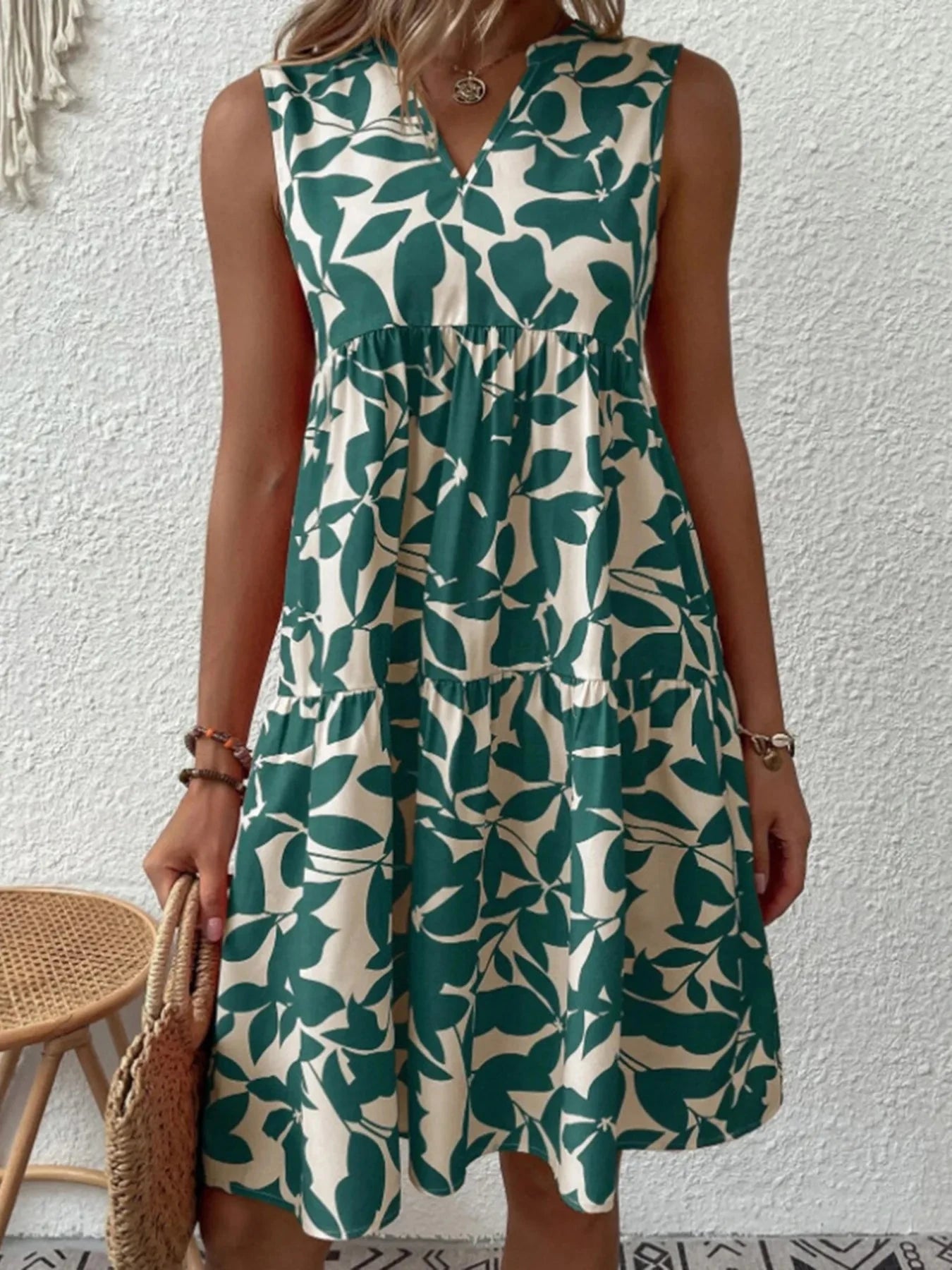 Printed V-Neck Sleeveless Mini Dress