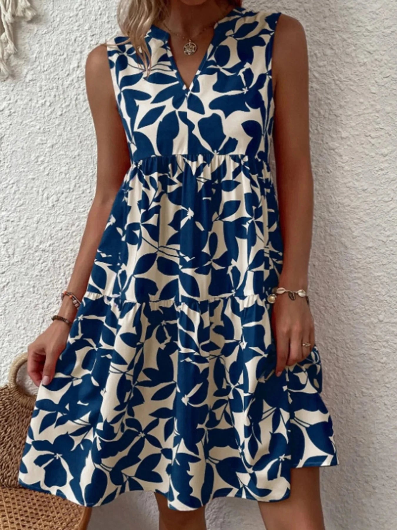 Printed V-Neck Sleeveless Mini Dress