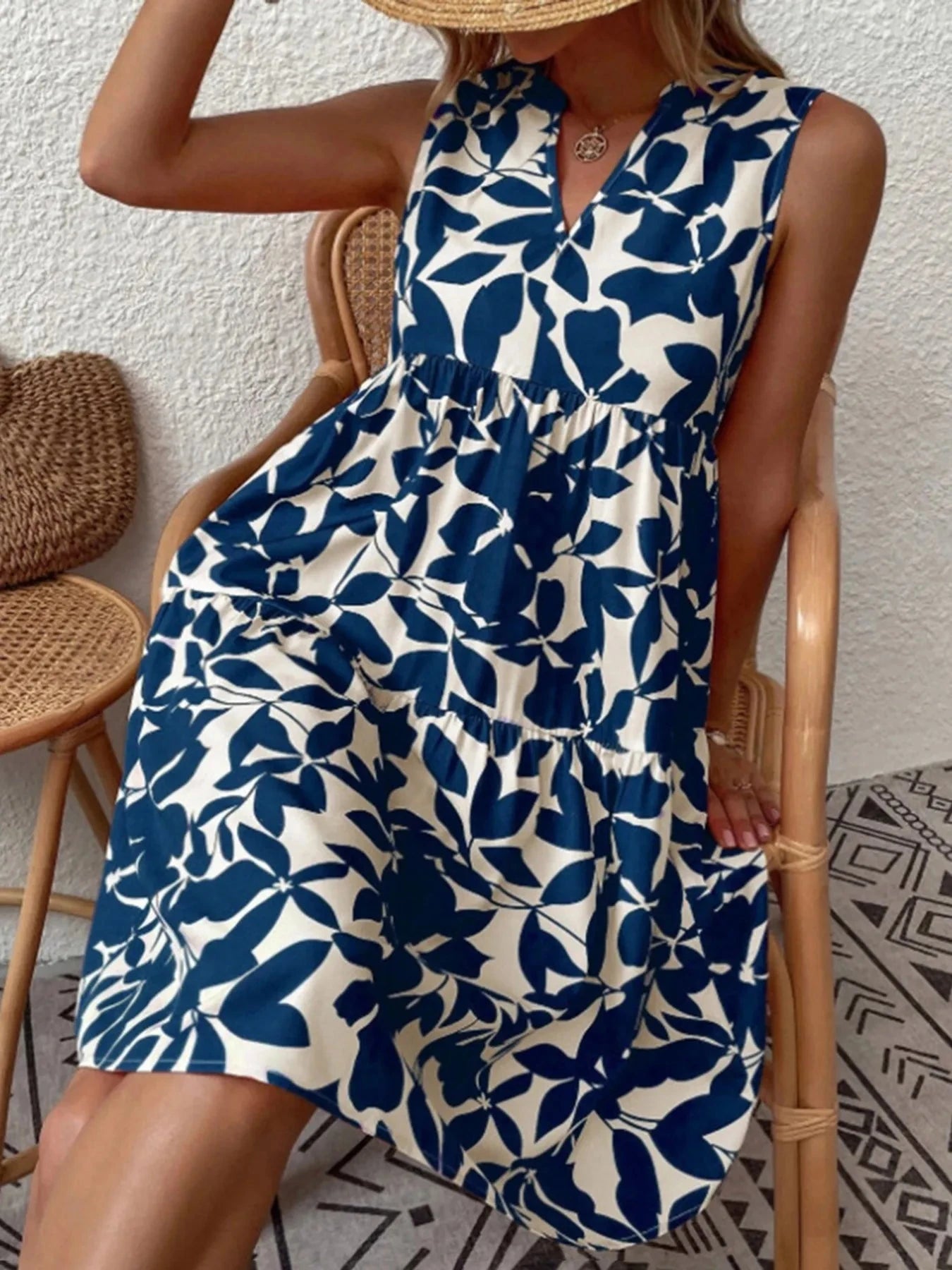 Printed V-Neck Sleeveless Mini Dress