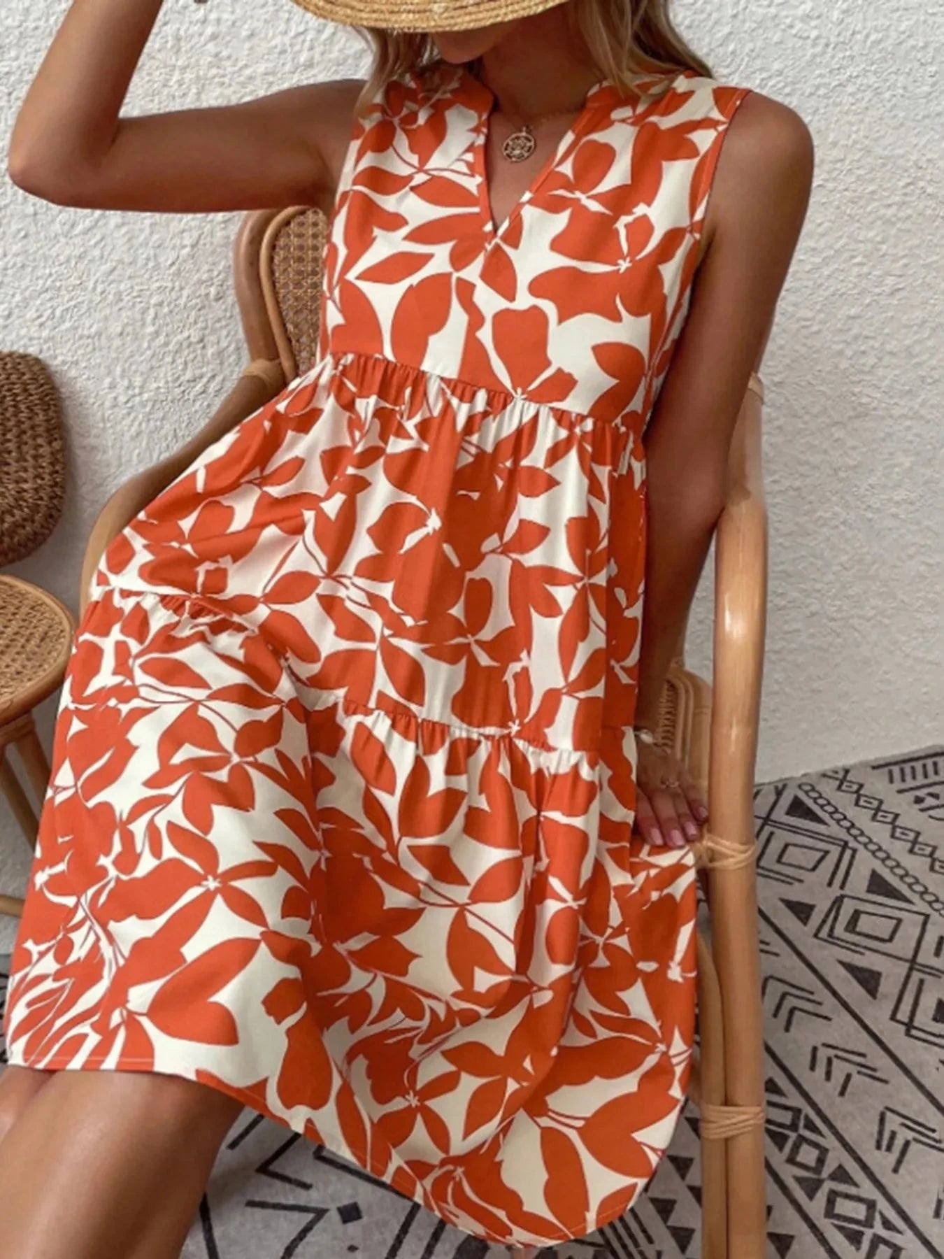 Printed V-Neck Sleeveless Mini Dress