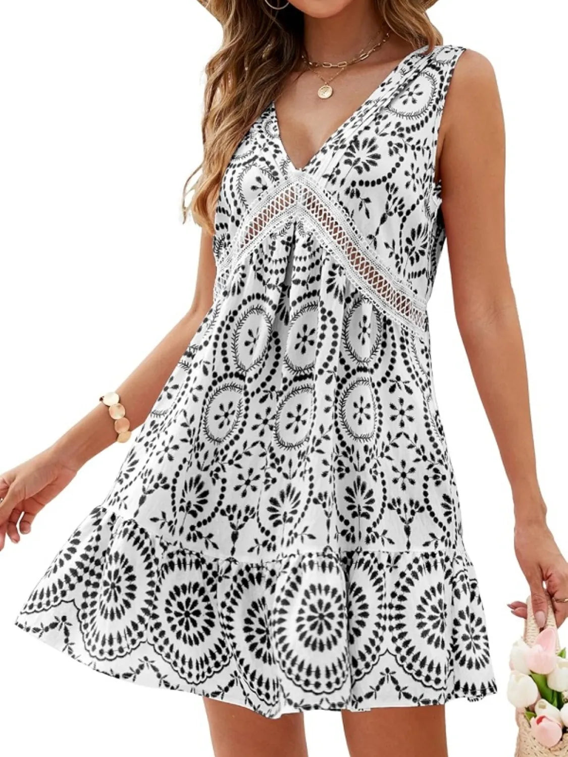 Printed V-Neck Sleeveless Mini Dress Black / S