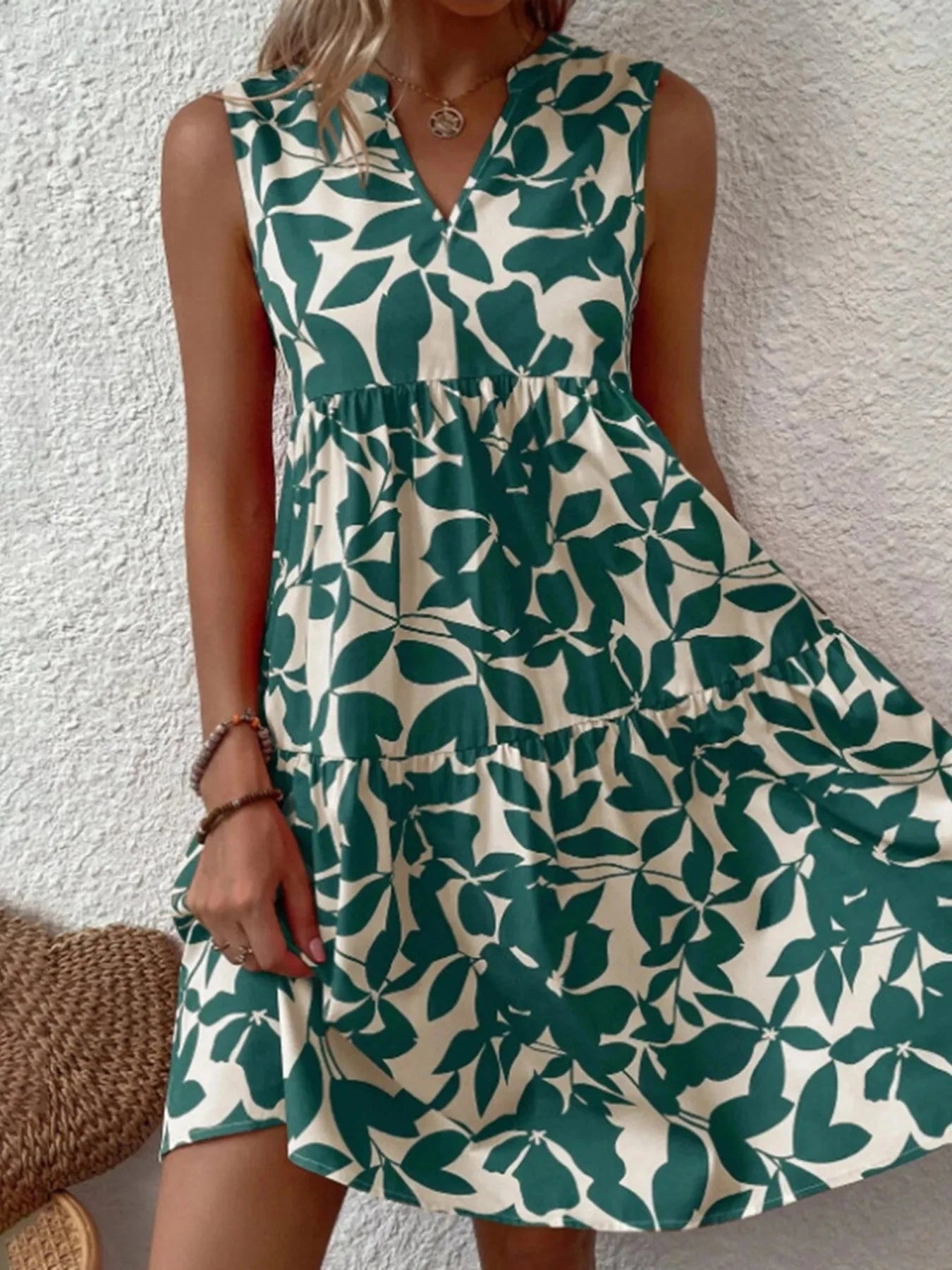 Printed V-Neck Sleeveless Mini Dress Green / S
