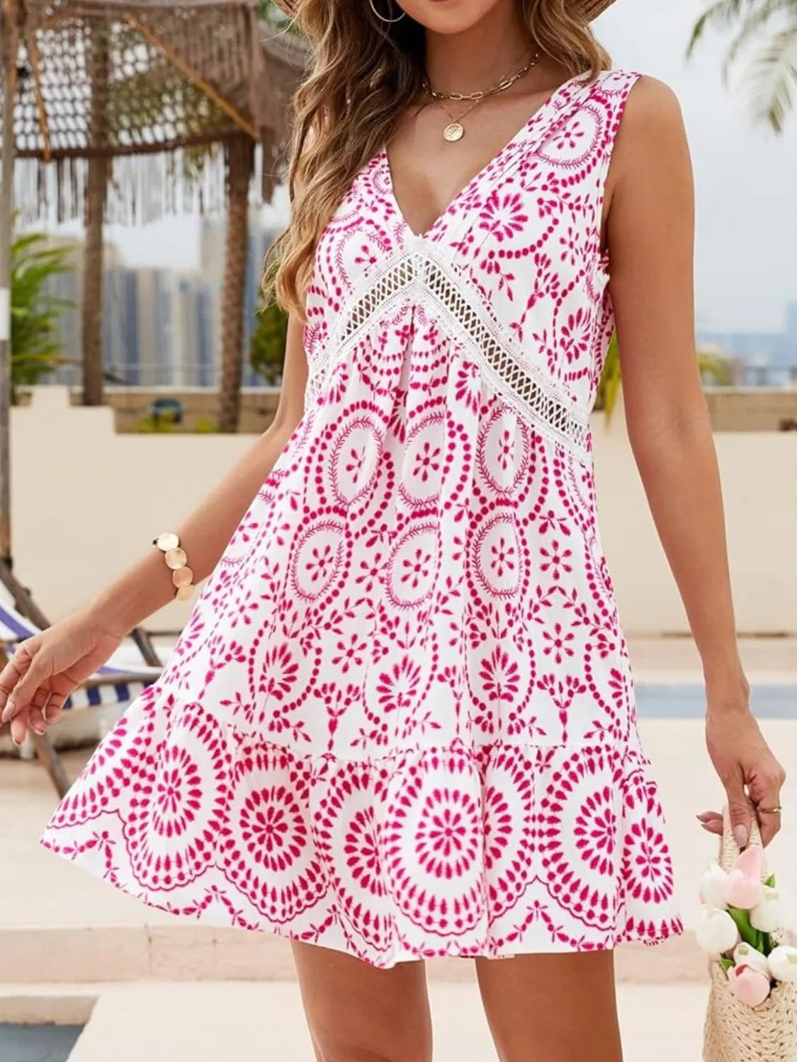 Printed V-Neck Sleeveless Mini Dress Hot Pink / S