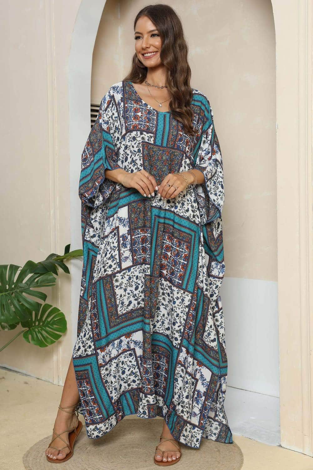 Printed V-Neck Split Maxi Dress Teal / One Size