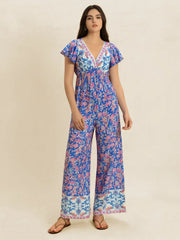 Printed V-Neck Wide Leg Jumpsuit