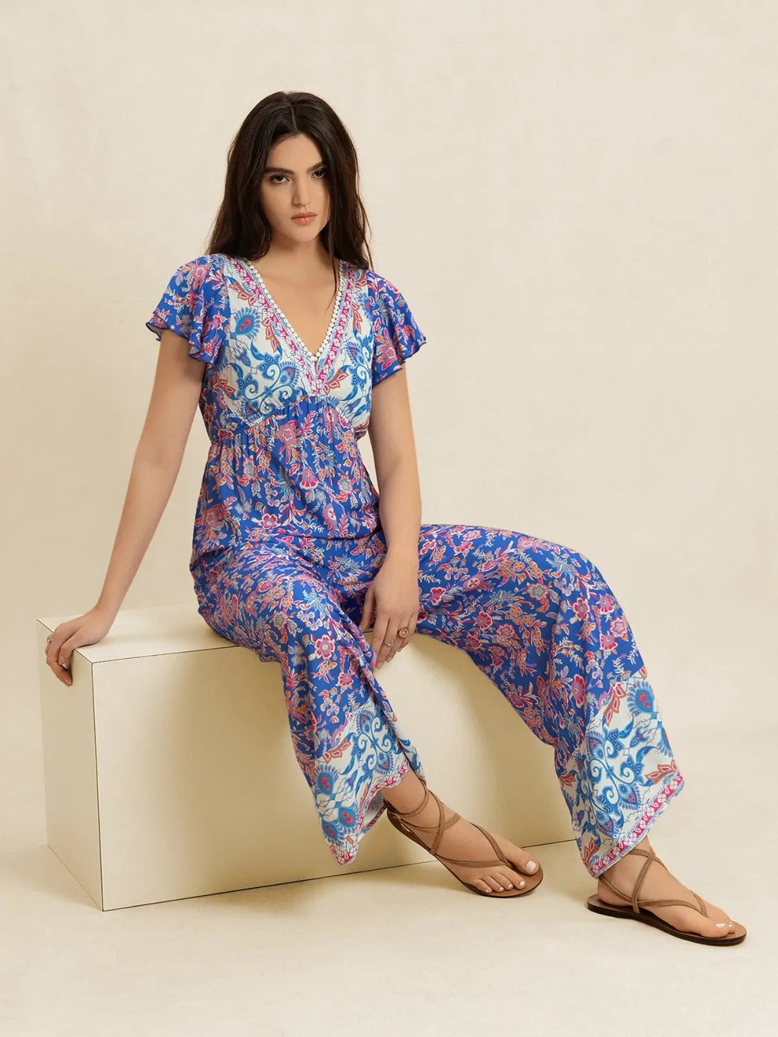 Printed V-Neck Wide Leg Jumpsuit