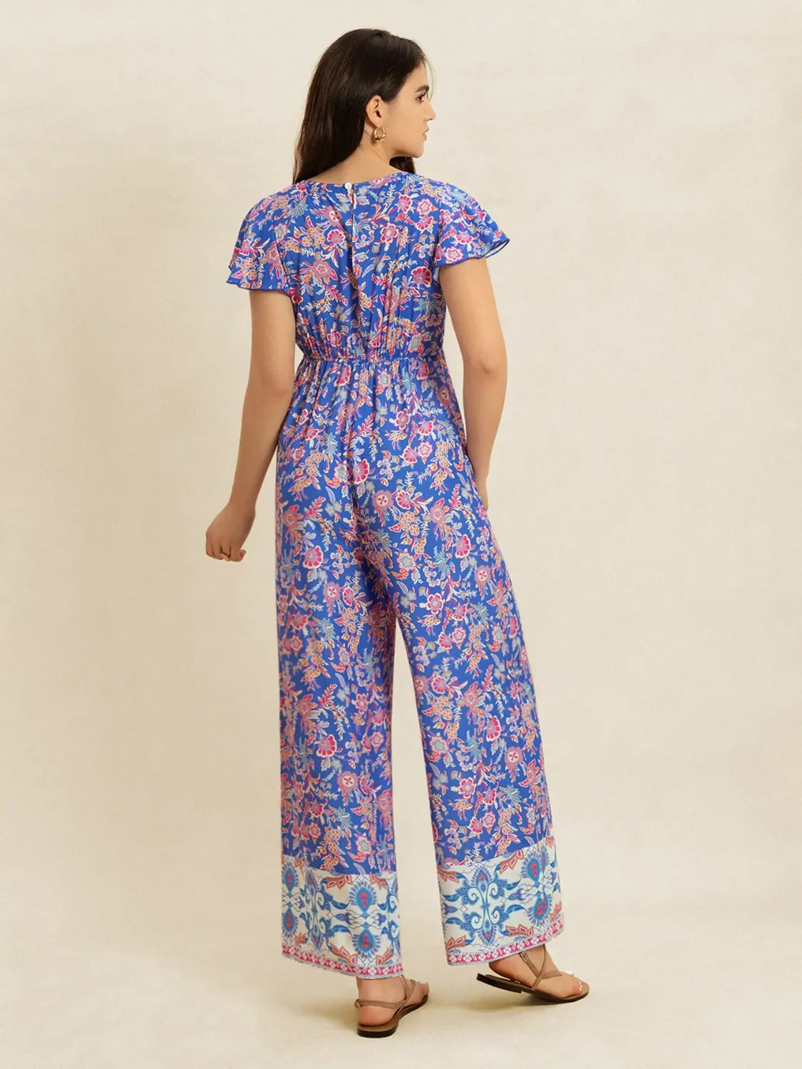Printed V-Neck Wide Leg Jumpsuit
