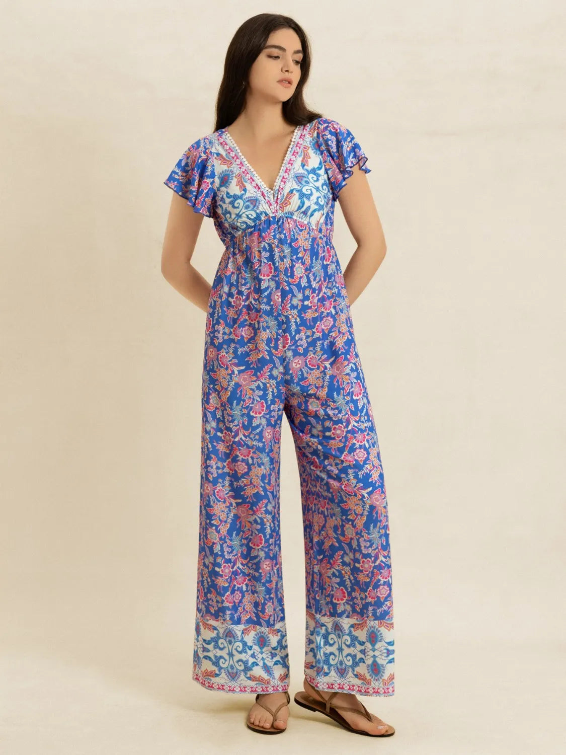 Printed V-Neck Wide Leg Jumpsuit Blue Purple / S