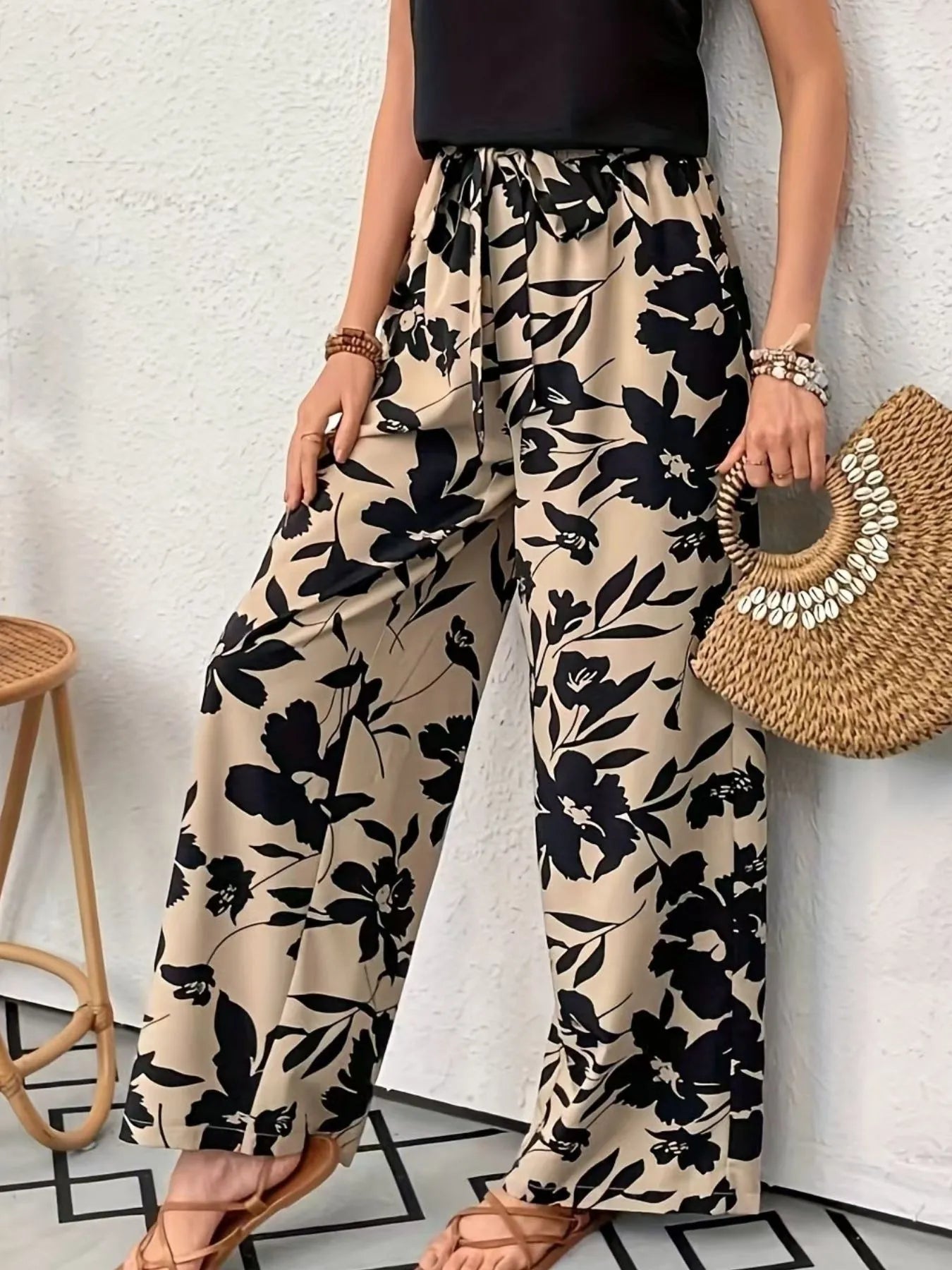 Printed Wide Leg Casual Pants Khaki / S