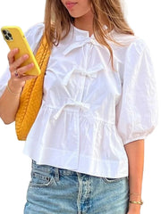 Puff Sleeve Bow Tie Blouse White / S