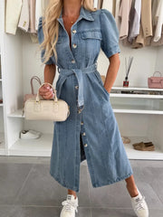 Puff Sleeve Button Down Belted Denim Midi Dress Blue / S
