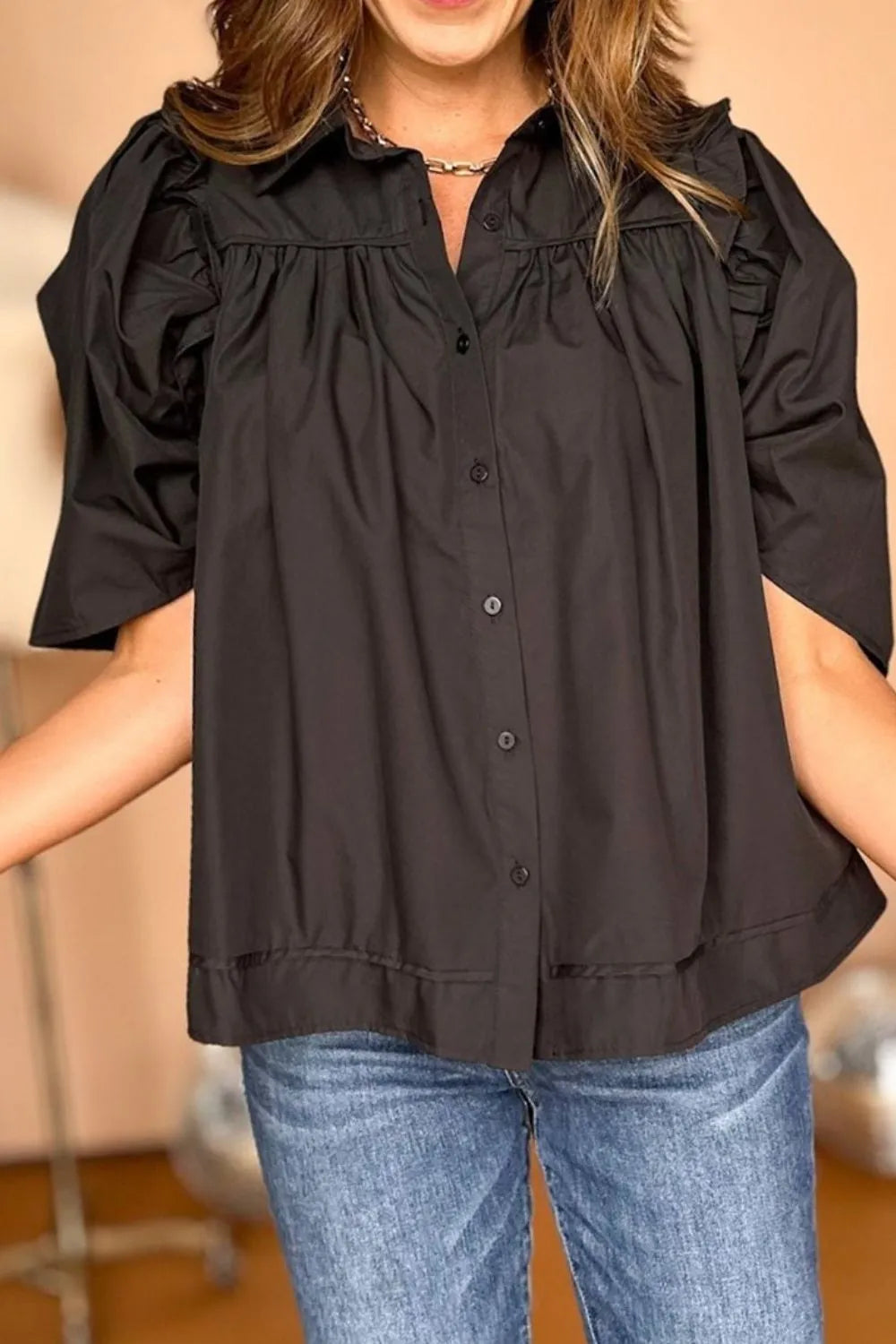 Puff Sleeve Button Down Shirt Black / S